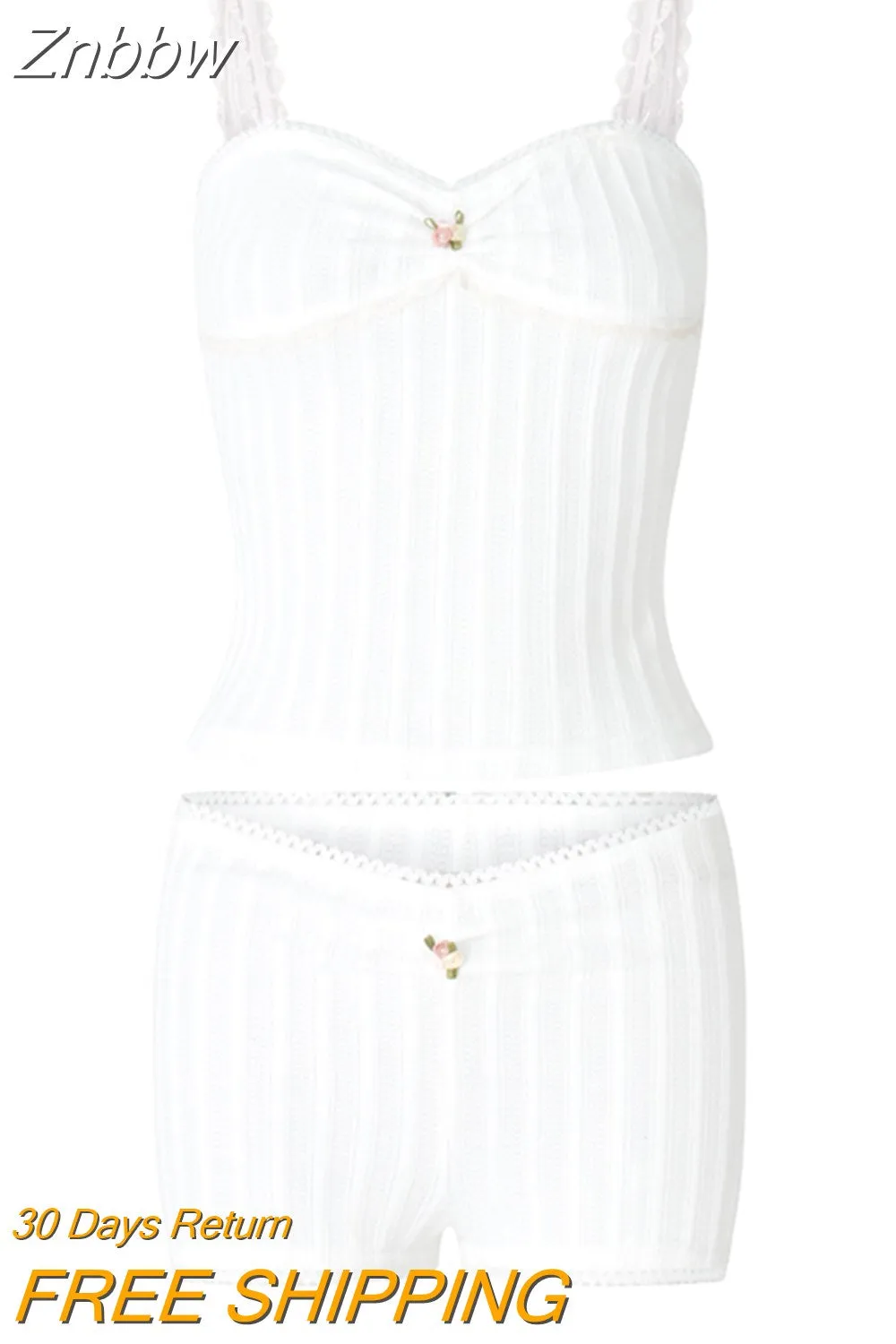 Znbbw Women 2 Piece Short Set Outfits Y2K Fairycore Chic Lace Trim Spaghetti Strap Camis Crop Tops + Shorts 2000s Vintage Clothes