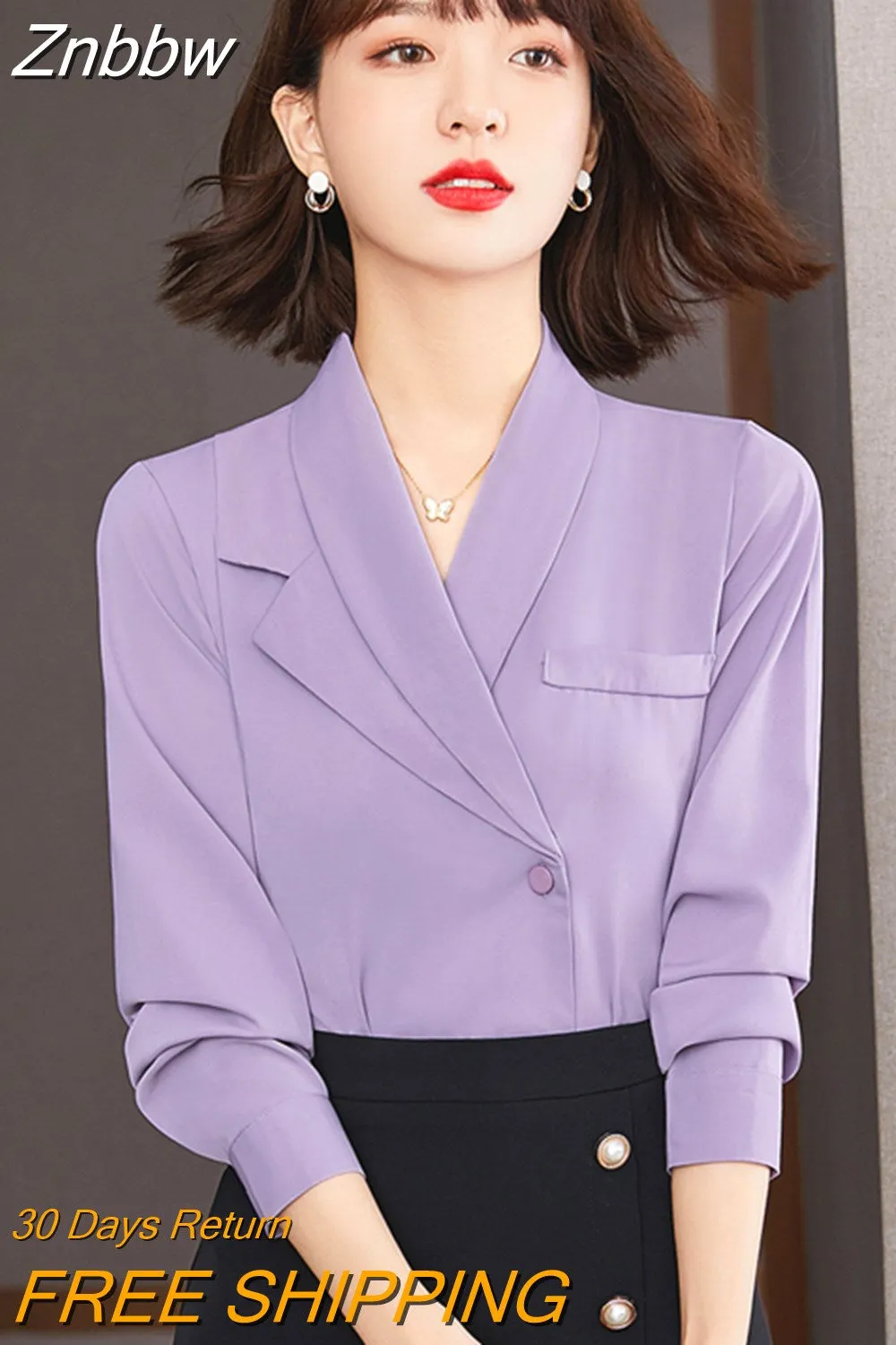 Znbbw Office Lady Long Sleeve Purple Blouses Vintage Notched Neck Shirts Woman Casual Female Tops Blusas Mujer De Moda 2023