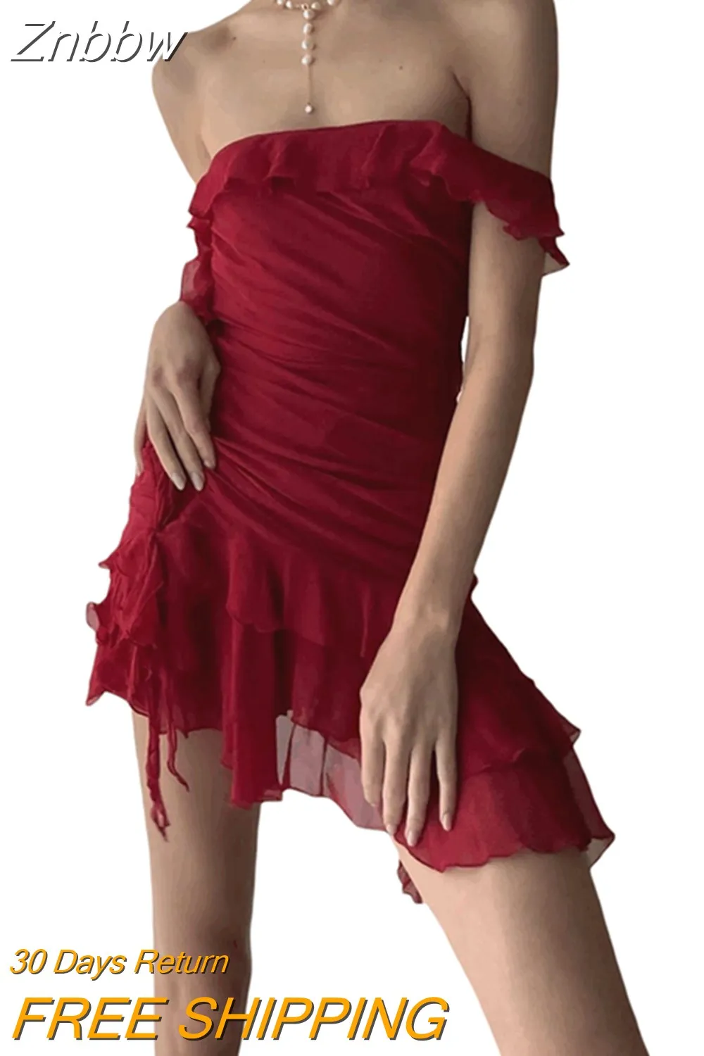 Znbbw Women One-shoulder Ruffled Sleeveless Mini Dress Irregular Mesh Summer Bodycon Dress for Club Party