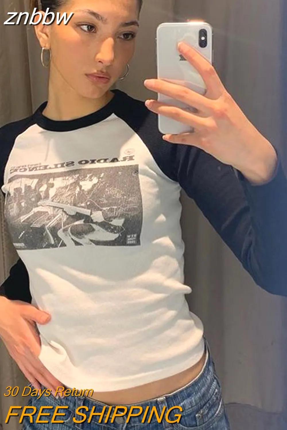 znbbw Rock Graphic Long Sleeve T-shirts Women Autumn New Print Cotton Ribbed T Shirt Female Retro Streetwear Slim Y2k Tops