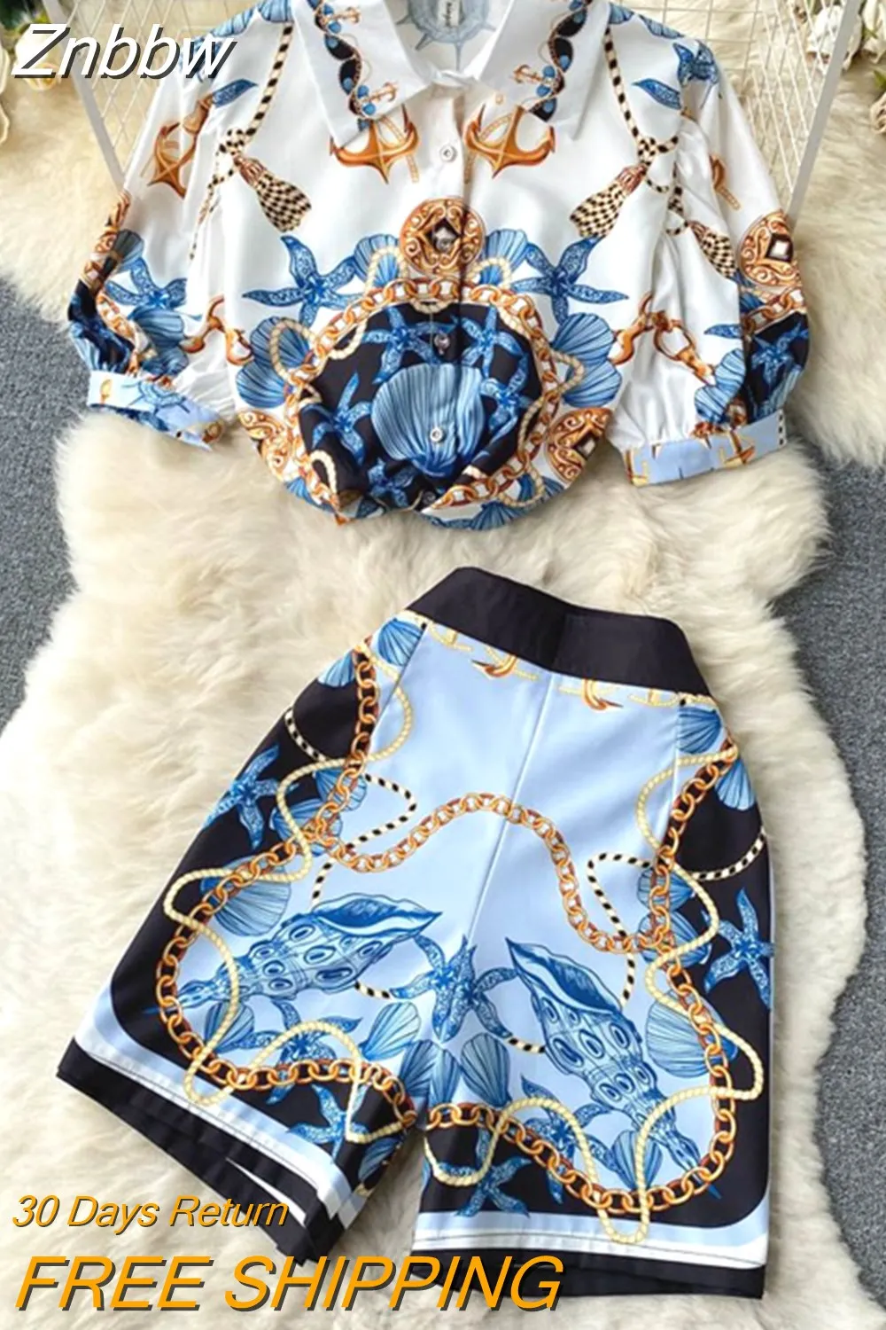 Znbbw Two Piece Shorts Set Women Summer Short Sleeve Vintage Print Blouse Tops and Short Pants Outfits Matching Sets 5034