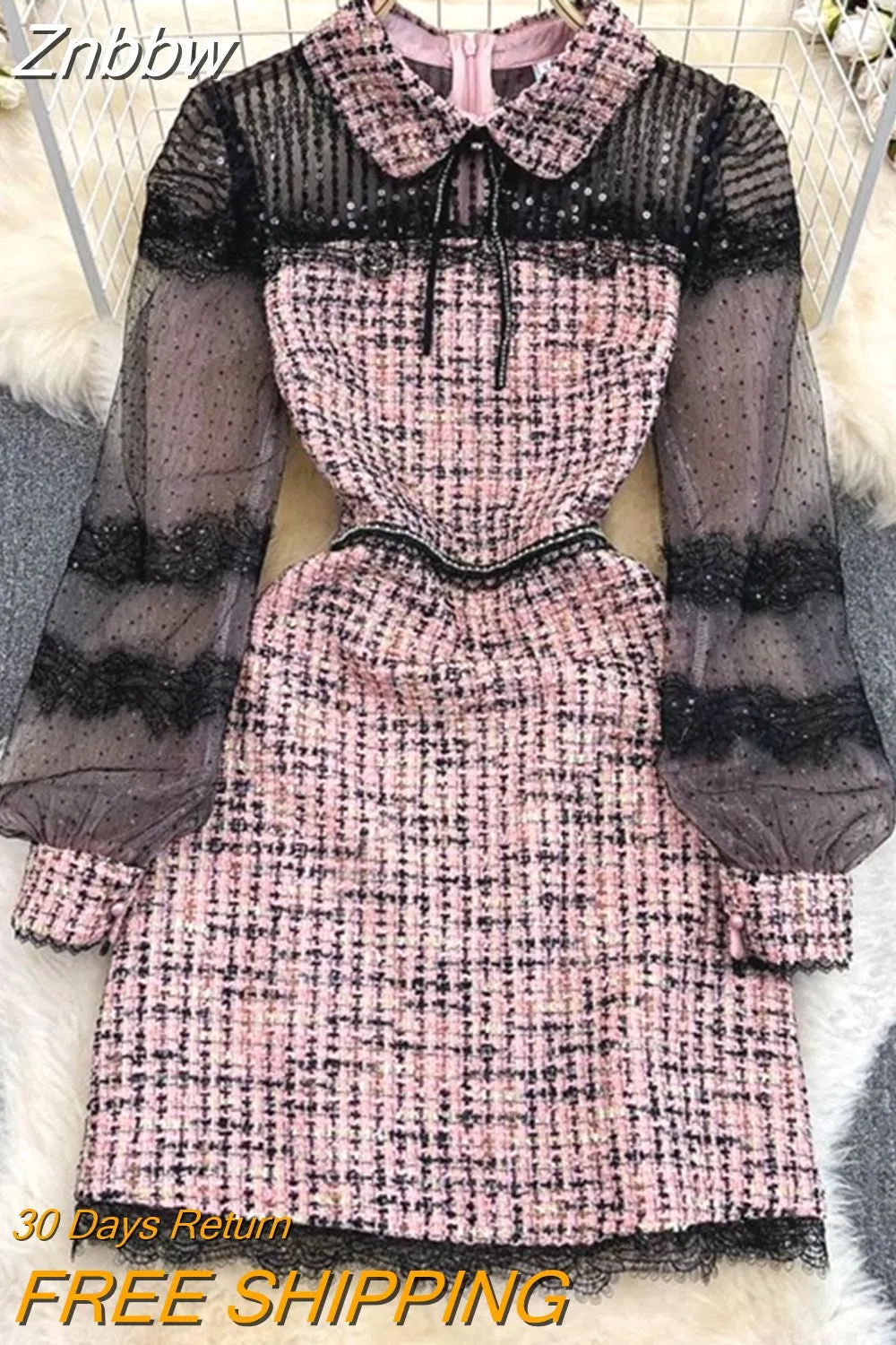 Znbbw Designer Pink Plaid Bow Tie Tweed Dress Autumn Winter Women Long Sleeve Sequins Mesh Patchwork Vintage Short Dress