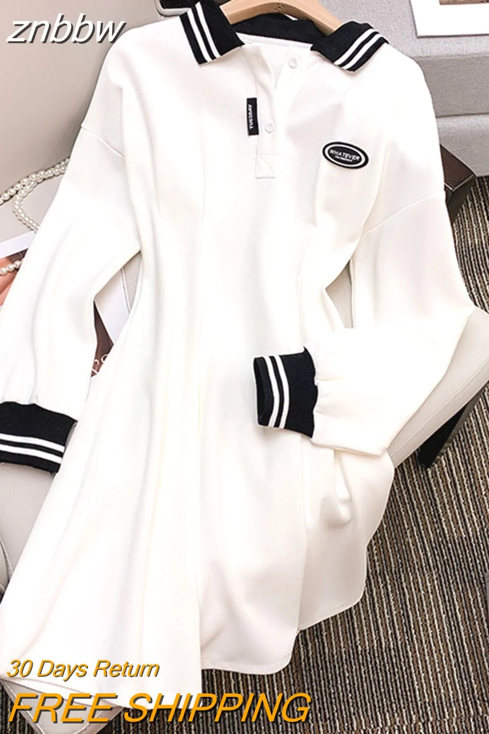 znbbw Sweet Polo Collar Dress Women Preppy Style Korean Fashin White Long Sleeve Mini Tennis Golf Dresses Female Spring 2023