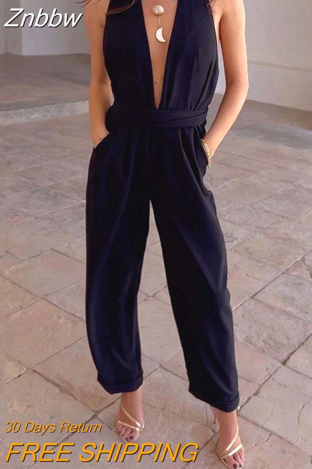 Znbbw Women Jumpsuit Fashion Sexy V Neck Sleeveless Nipped Waist Loose With Pockets Wide Legs Pants Romper High Streetwear