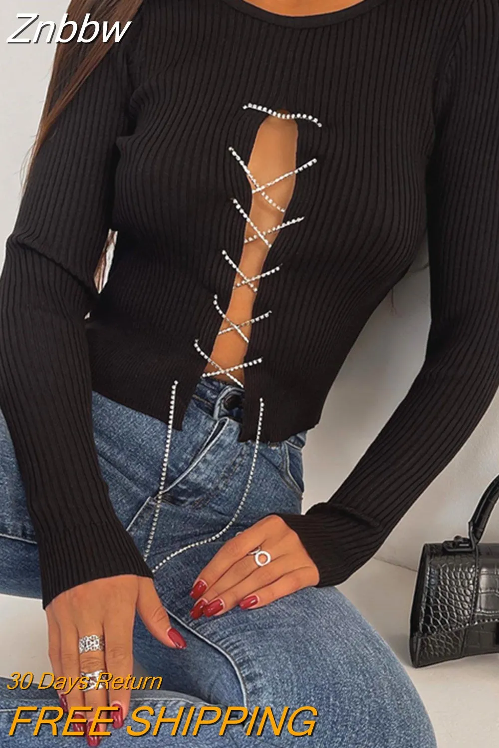 Znbbw Bandage Knit T-Shirt for Women Chic Casual Solid Color Long Sleeve O Neck Ribbed Crop Tops mujer