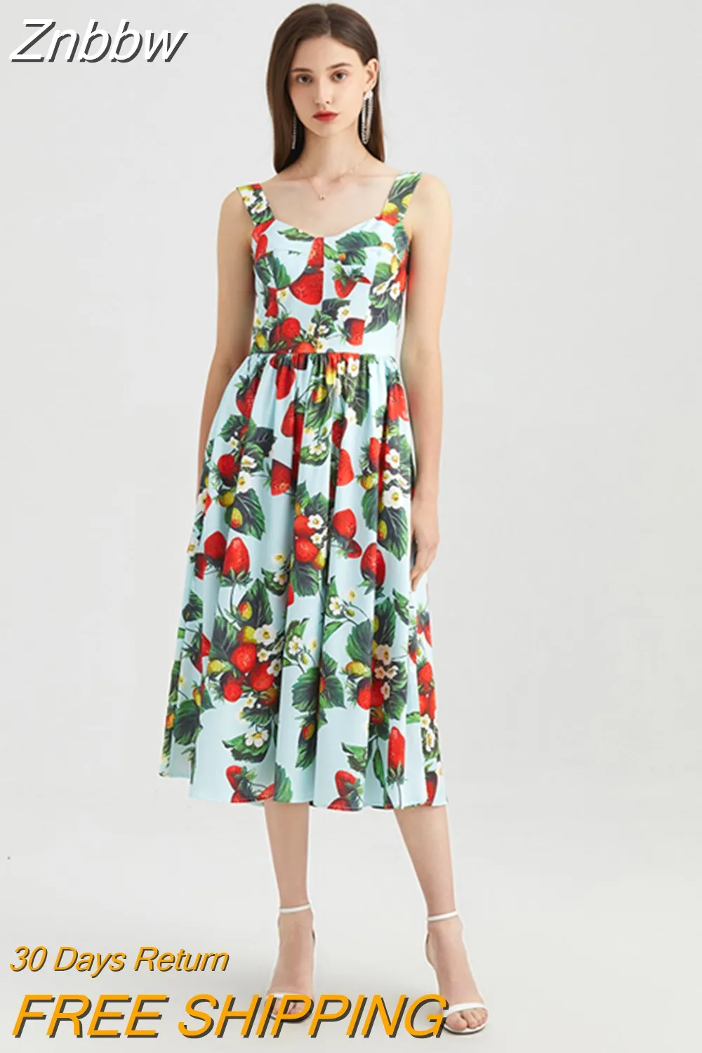 Znbbw Summer Fashion Runway Vacation Tank Dress Women's Spaghetti Strap Strawberry Flower Print Party Midi Vestidos N535