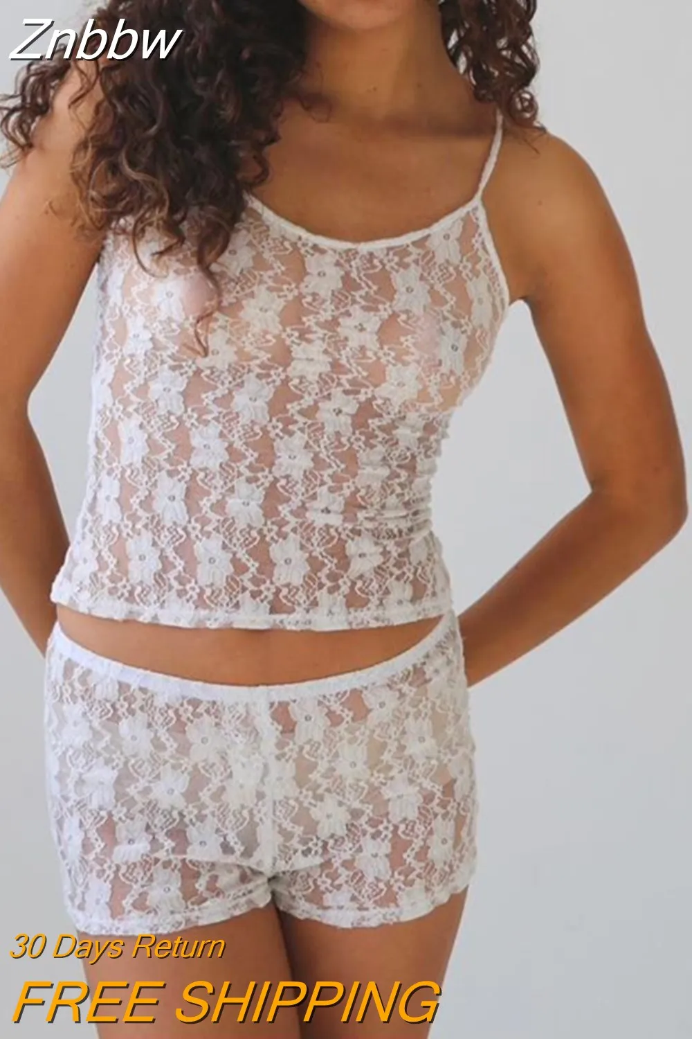 Znbbw Women y2k Clothes Sets 2Pcs Suit Lace Flower Perspective Sleeveless Camisole + Elastic Waist Shorts Summer Outfits 0410