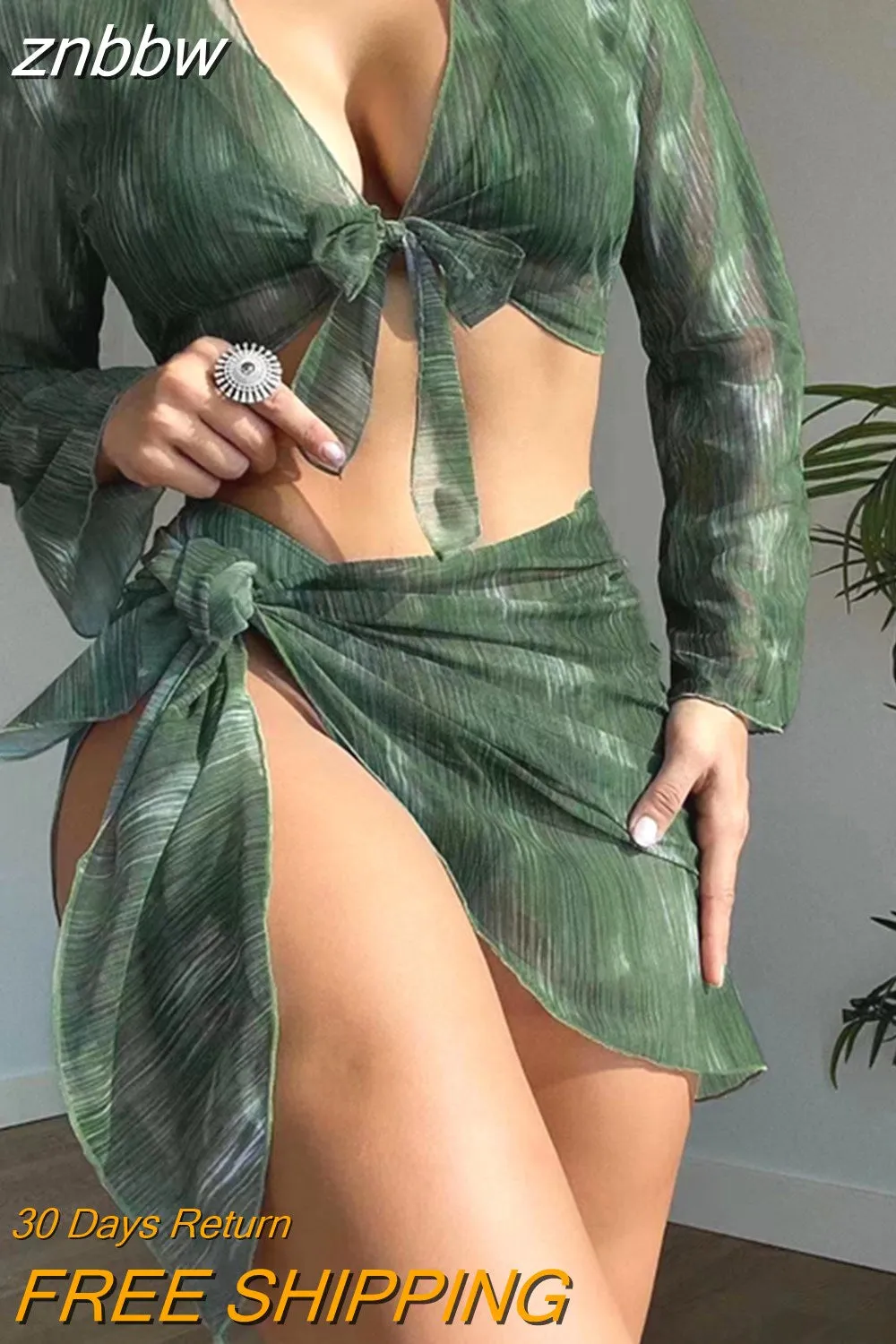 znbbw Sexy Print Mesh Micro Bikini Set Women Three-Pieces Cover Up Swimsuit Solid High Waist Swimwear Bather Bathing Suit Swim
