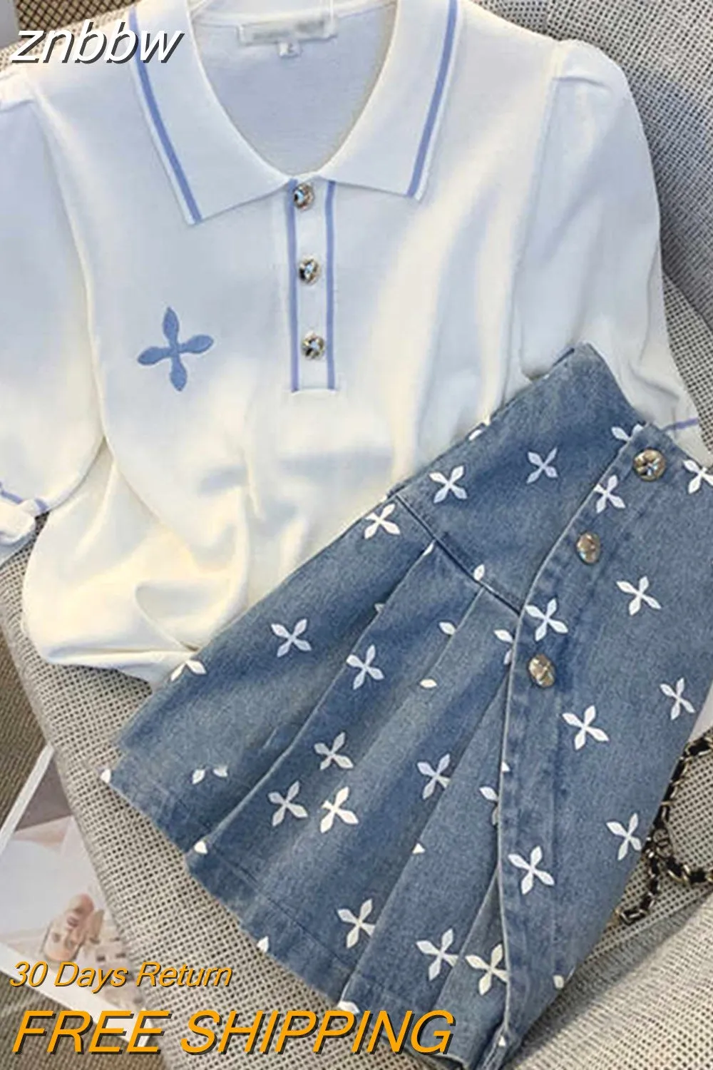 znbbw Women High Quality Summer 2-piece Set O-Neck Black Short Sleeve Knit Tops+Blue Printed Denim Mini Skirt Suit Female Outfits
