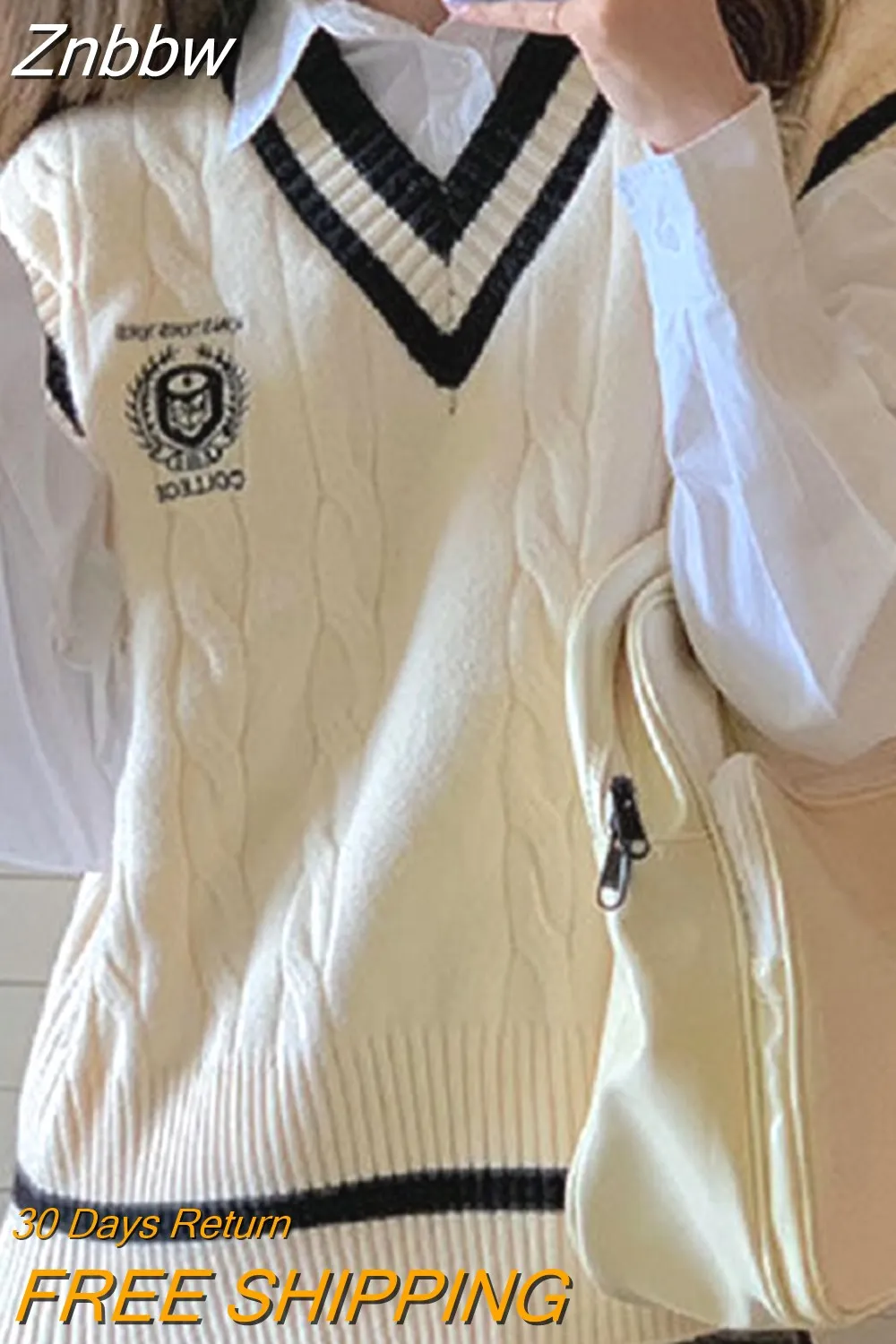 Znbbw Preppy Style Knitted Sweater Vest V-neck Oversize Korean Fashion Sleeveless Youth Jumper Casual White Pullover Female