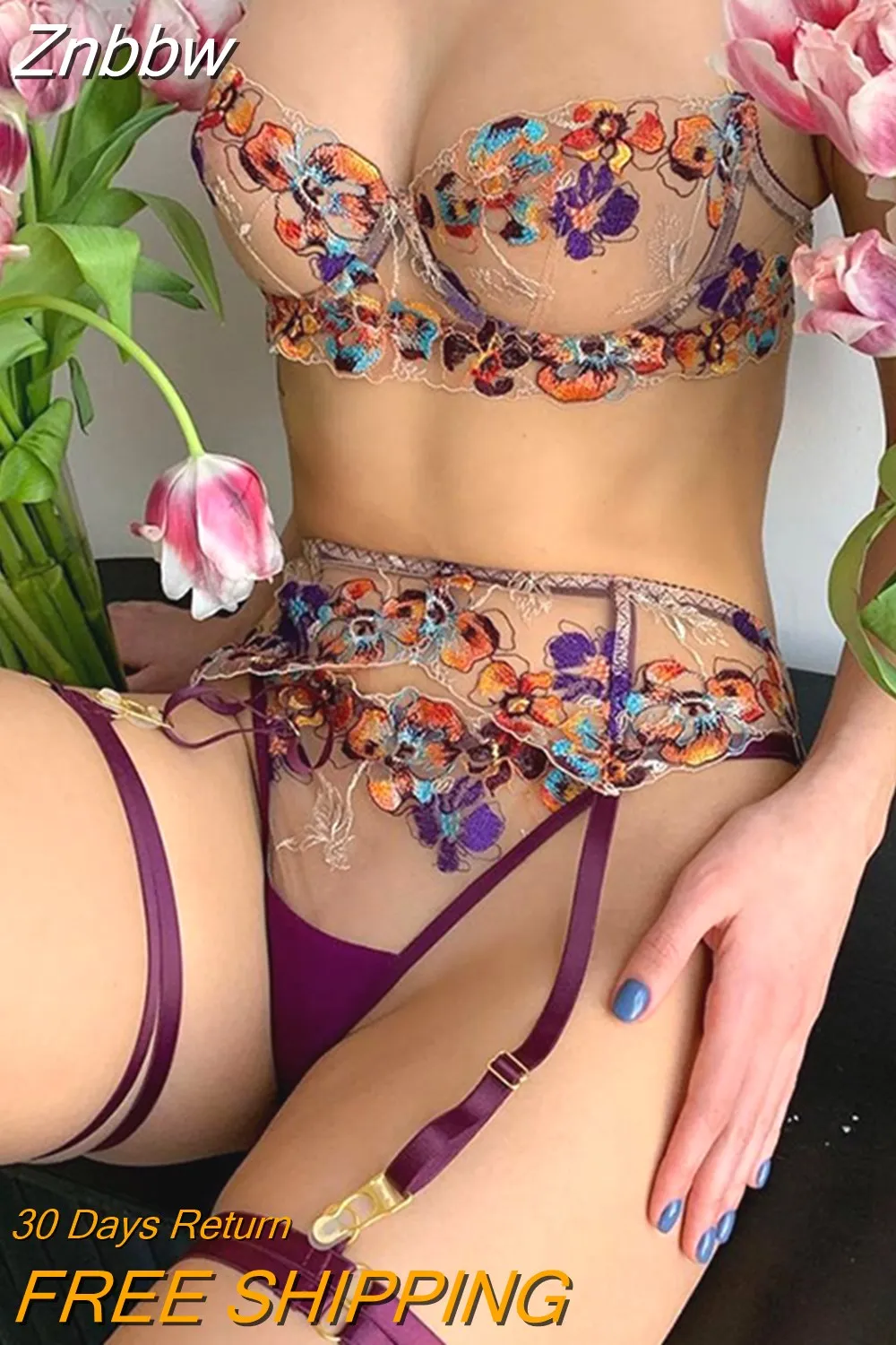 Znbbw Lingerie Sexy?Transparent Porn Underwear Women Body Sexy 5-Piece Intimate Woman Pig Lace Floral Fancy Garter Belt Set