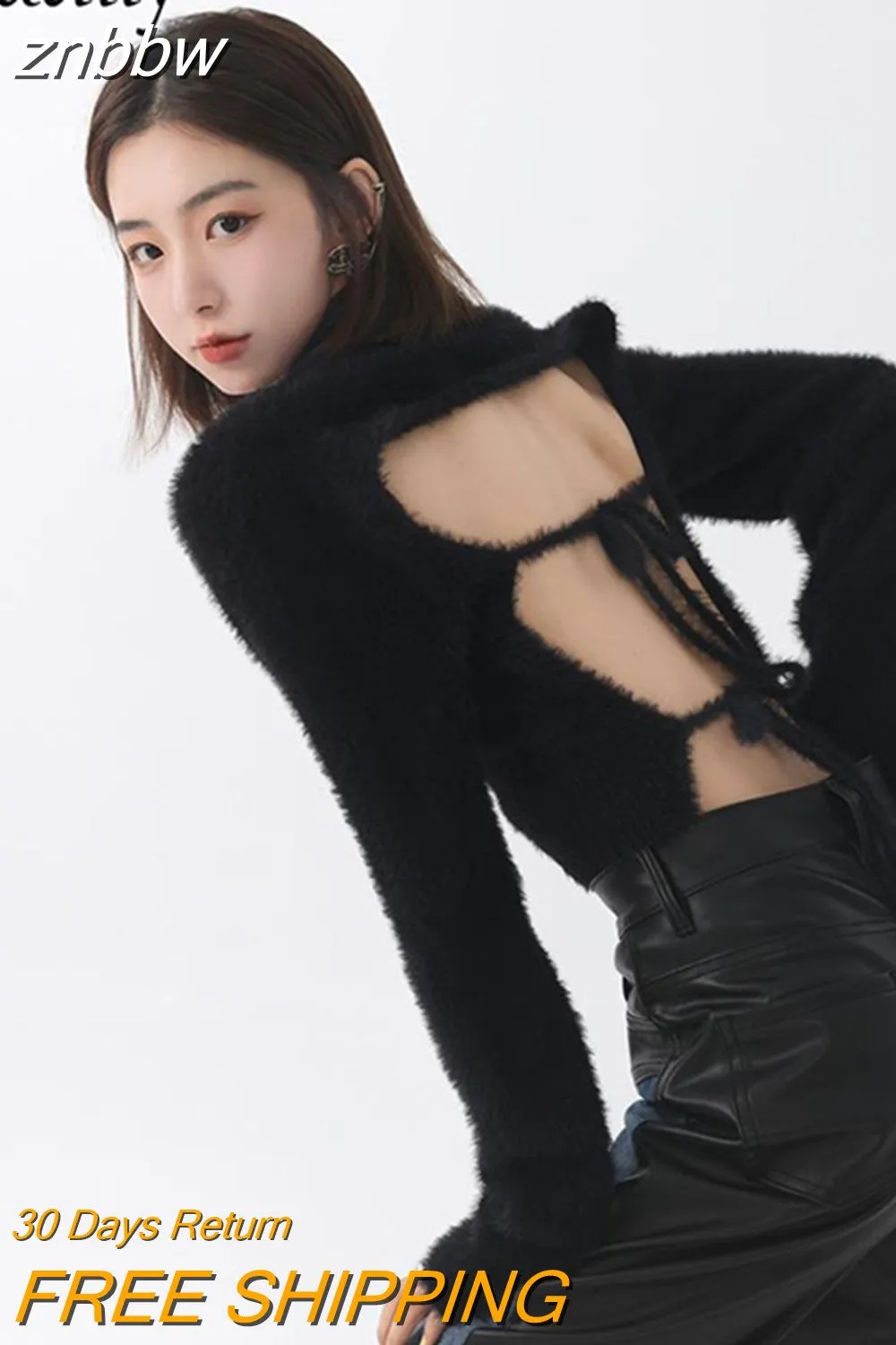 znbbw 2023 Winter Korean Style Slim Long Sleeve Mohair Sweater Women Sexy Backless Bandage Ladies Crop Top Fall Female Pullover