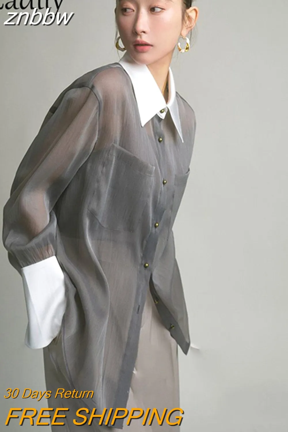 znbbw 2023 Summer Korea Style Long Sleeve Sheer Women Shirt Office Lady Loose Button Up Patchwork Woman Blouse Work Female Tops