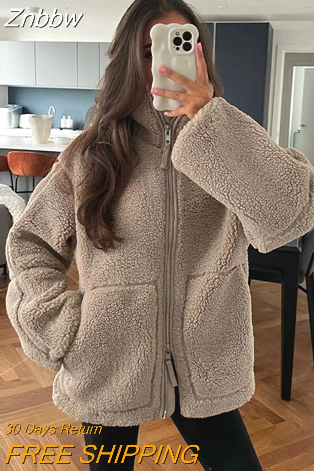 Znbbw Casual Loose Zippered Plush Jacket Women's Fashion Elegant Long Sleeve Overcoat 2023 Autumn/Winter Thick Warm Street Wear