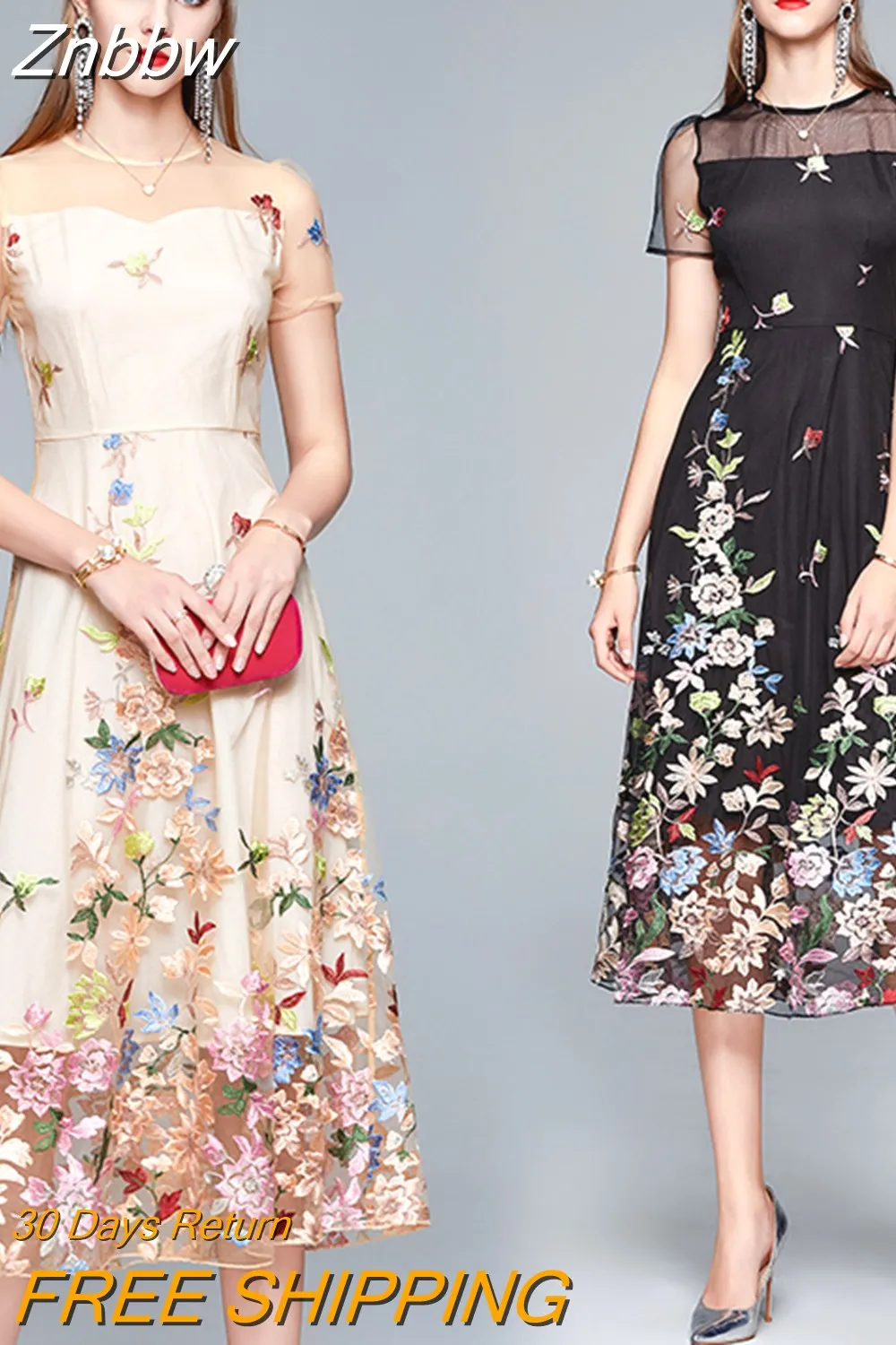 Znbbw New Fashion Summer Fashion Runway Mesh Dress Ladies O-Neck Flowers Embroidery Vintage Women Midi Dress Vestidos