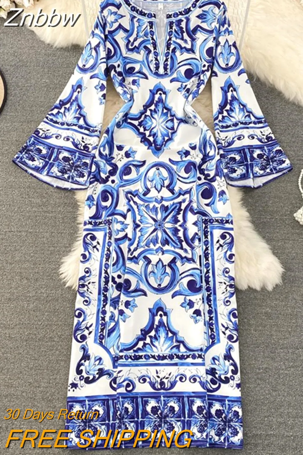 Znbbw Runway Blue And White Porcelain Loose Long Dress Women O-Neck Flare Sleeve Floral Print Bohemian Side Split Maxi Vestidos