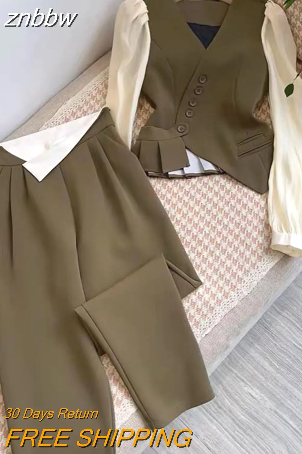 znbbw Women's Autumn British Style Trousers Suit V-neck Irregular Short Small Blazer and Wide Leg Trousers Two Office Ladies Piece Set
