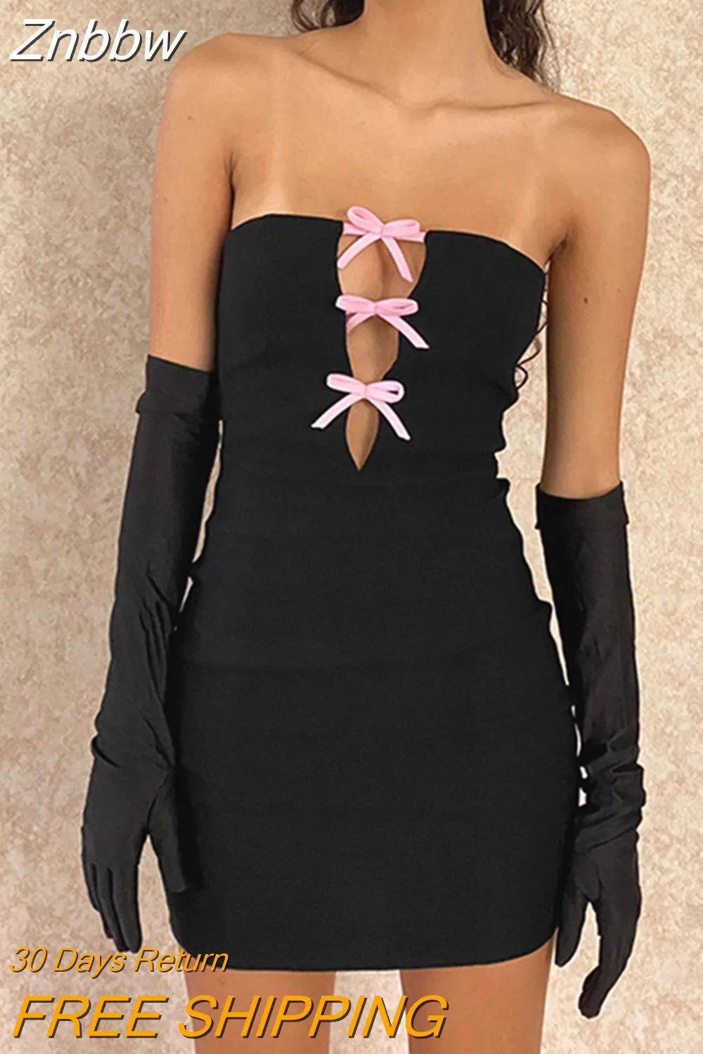 Znbbw Bow Hollow Out Strapless Tube Mini Dress Chic Women Y2K Sexy Deep V Off Shoulder Backless Bodycon Dresses Club Streetwear