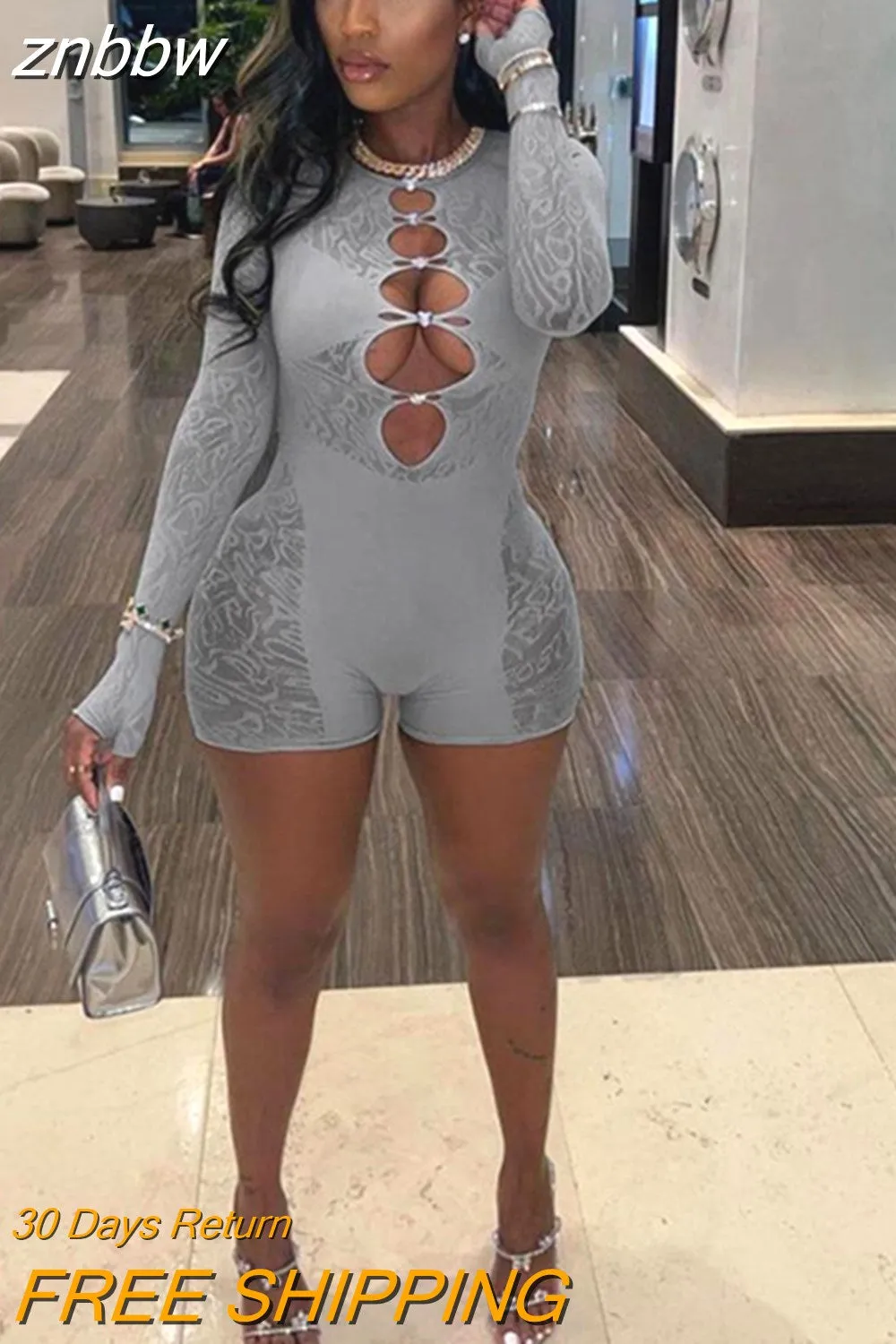 znbbw Summer Solid Hollow Out One Pieces Rompers Club For Women 2023 Long Sleeve See Through Slim Playsuits Elastic Activewear