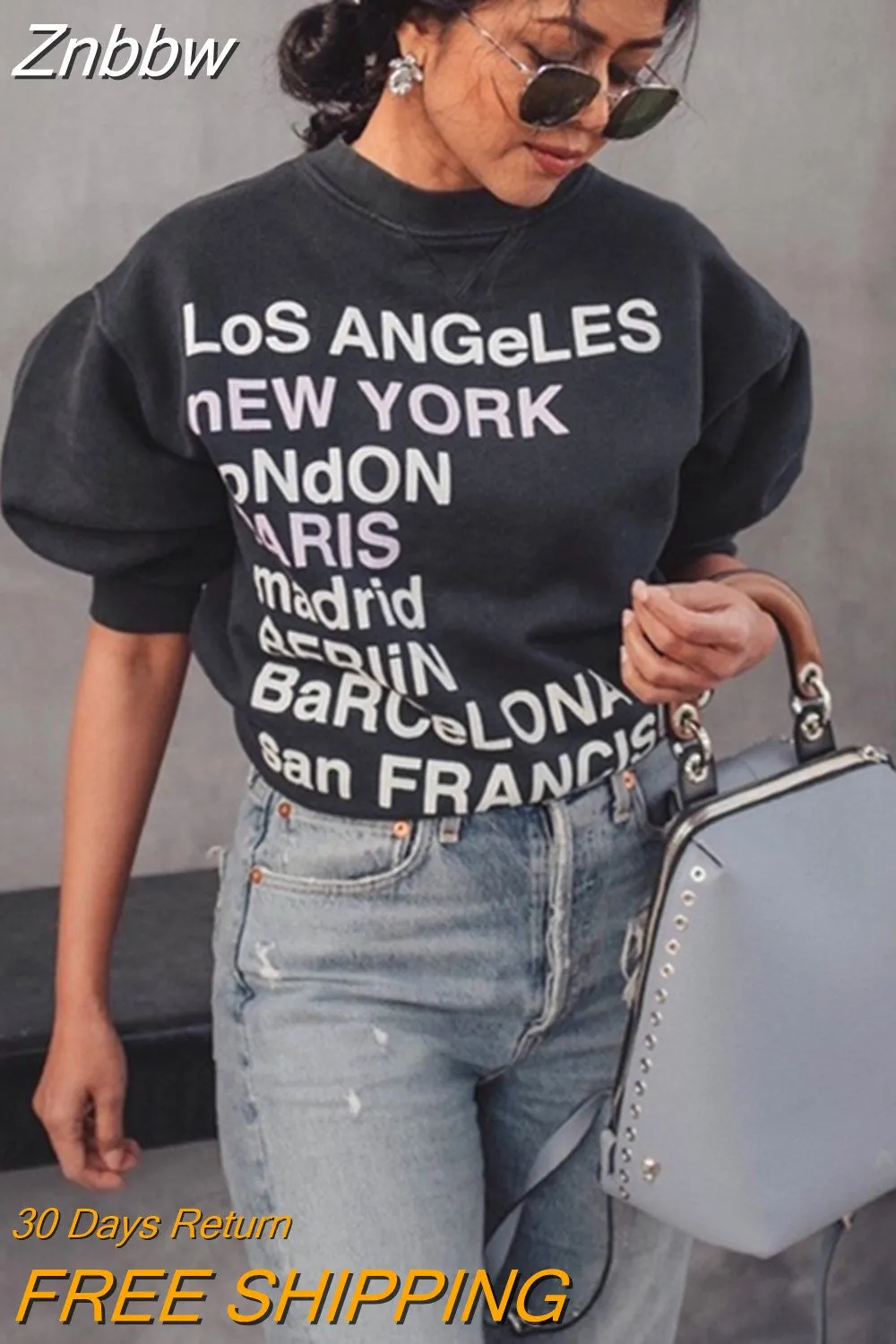 Znbbw Printed Sweatshirts for Women Vintage Washed Fashion Pullovers Tops 2023 Spring Autumn Female Loose Sweatshirt Hoodies