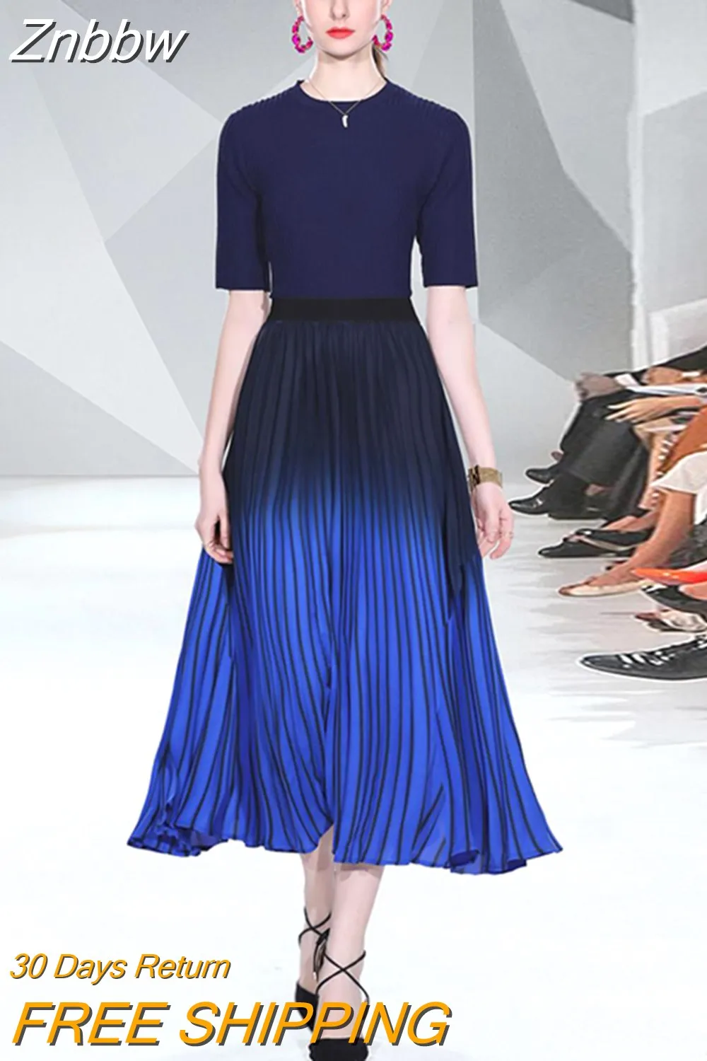 Znbbw Spring Summer Runway Knit 2 Pieces Skirt Suit Women Summer Blue Sweater Tops and Gradient Color Chiffon Pleated Skirt Set