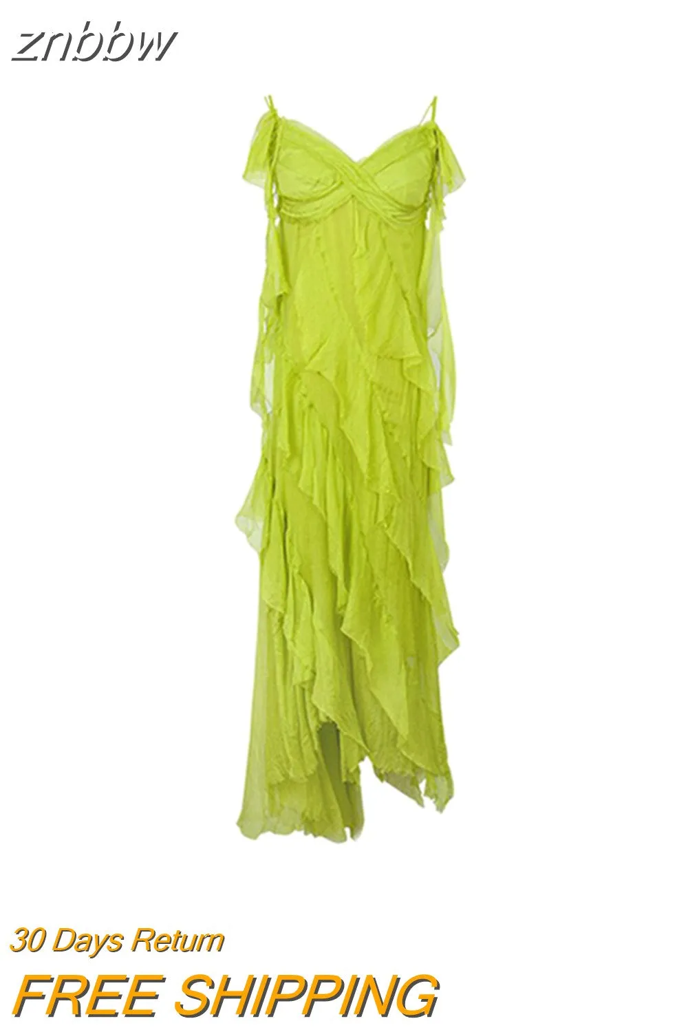 znbbw Summer Fairy Style Backless Patchwork V-neck Green Suspender Dresses Women Beachwear High Waist Chiffon Loose Ruffles Dress