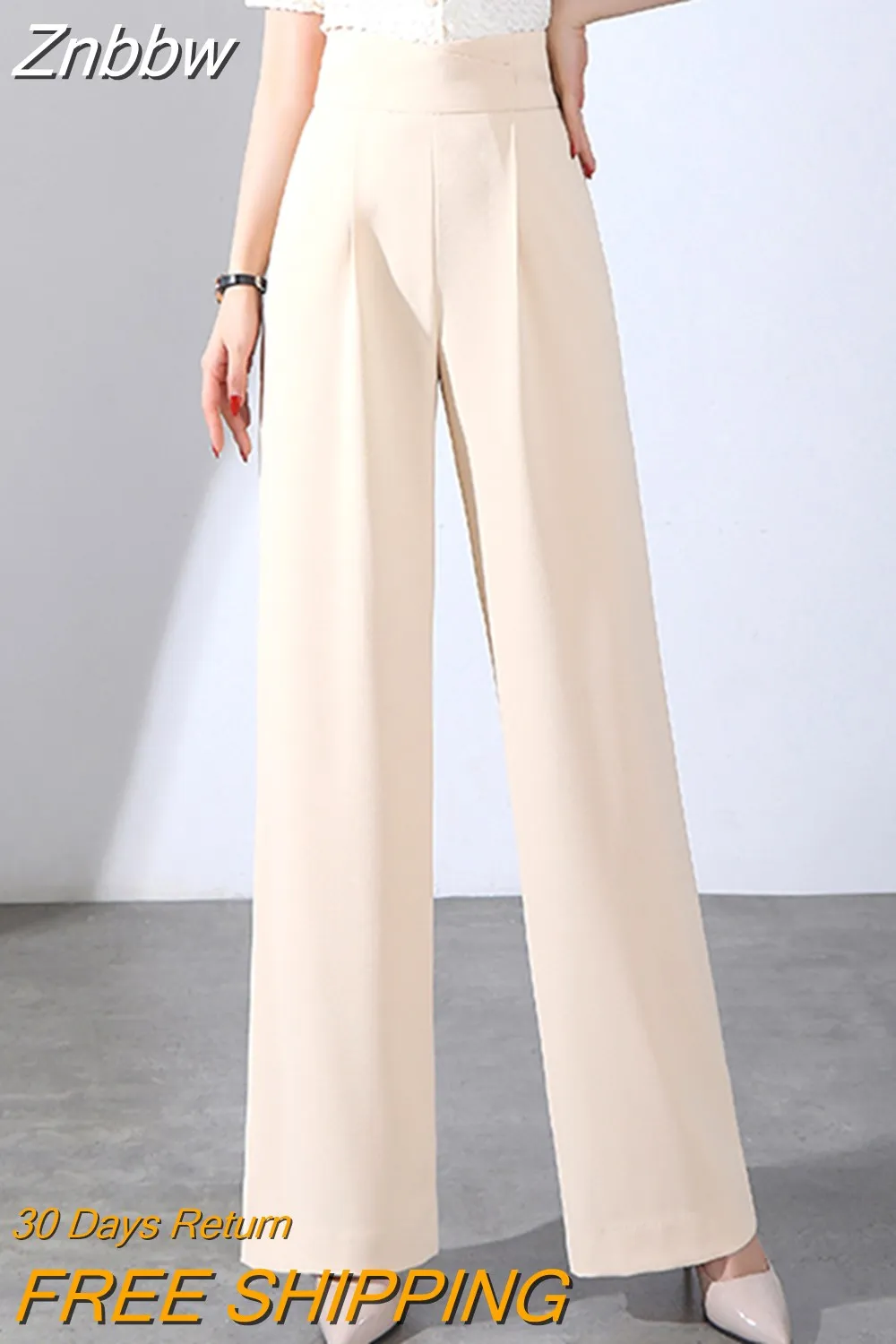 Znbbw 2023 Fashion Women Pants Apricot Black Drape Straight Trousers Female Casual Elastic Waist Wide Leg Pants Office Pants