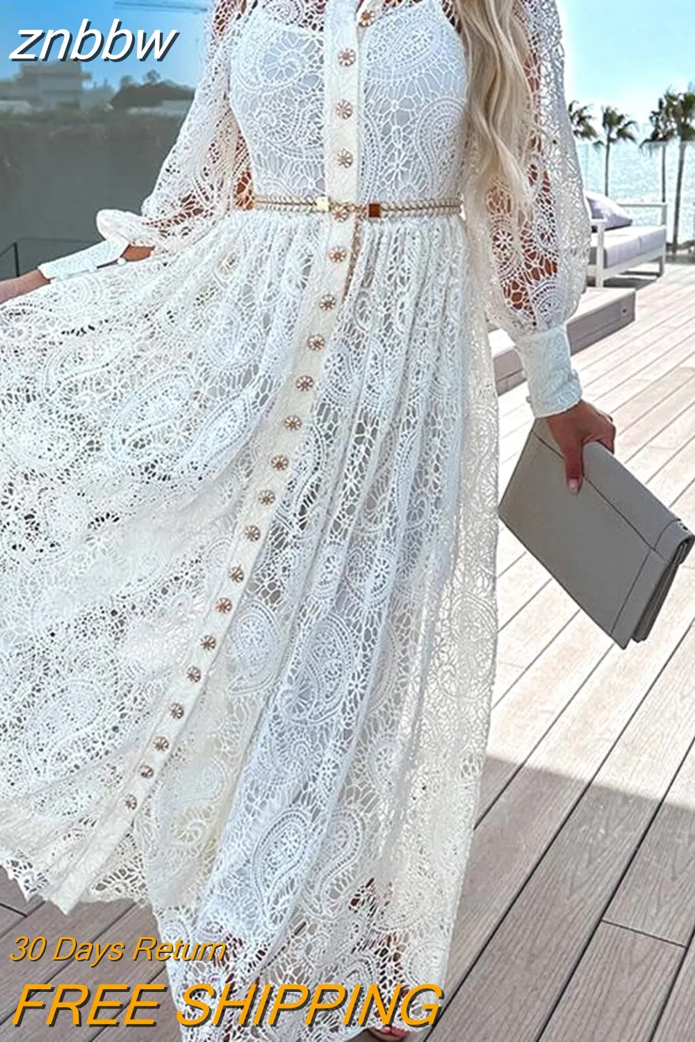 znbbw Women Chic Button Draped Pleated Maxi Dresses Fashion Elegant New Lace Embroidered Dress Spring Hollow Out Pattern Commute Dress