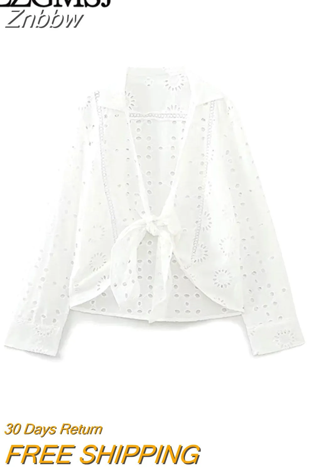Znbbw TRAF Spring Summer Blouse Women White Casual Temperament All-match Embroidery Hollow Knot Shirt Women