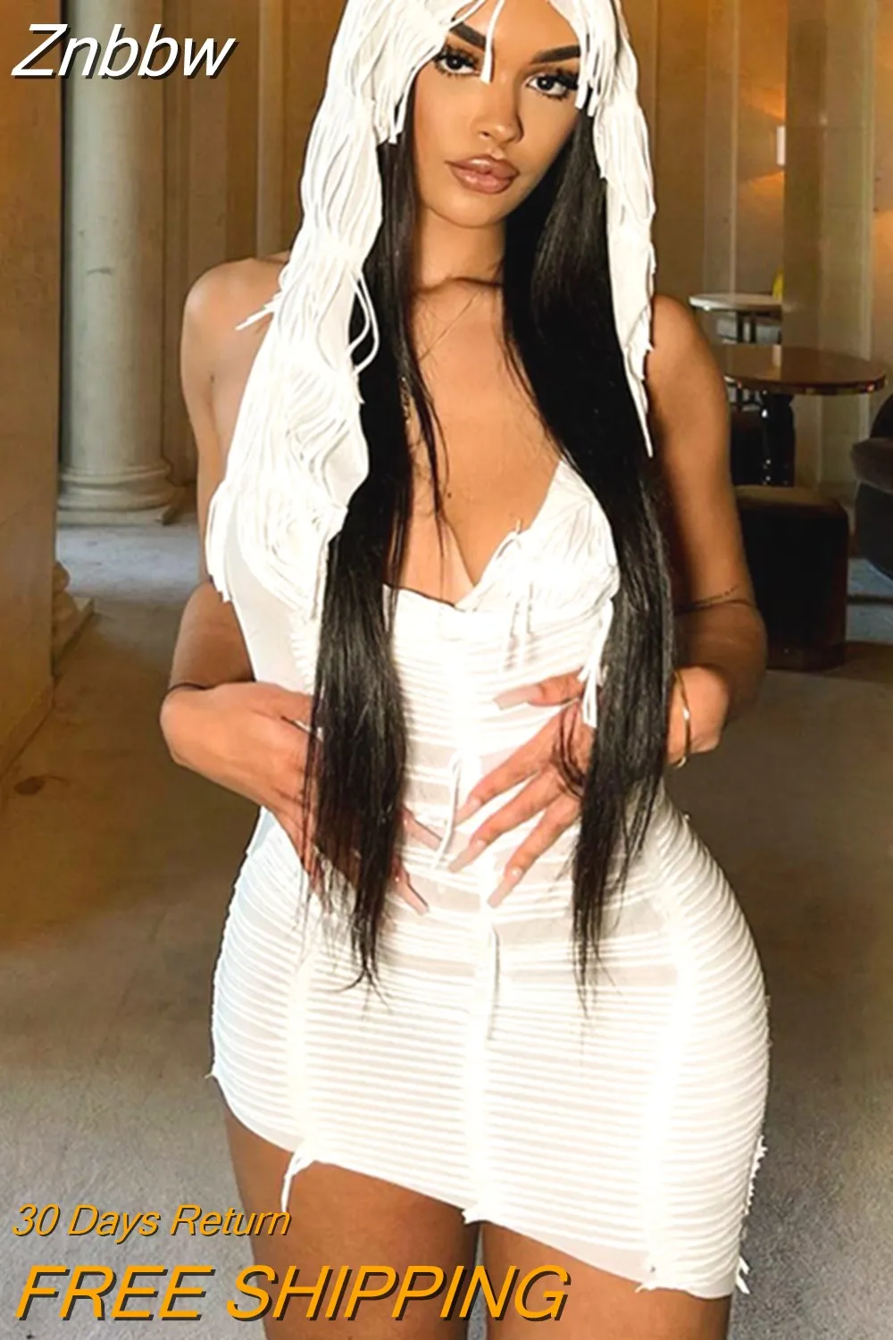 Znbbw Solid Sleeveless Hooded Tassel Mini Dress Women Summer Casual Irregular Slim Party Club Nigth Streetwear y2k Dresses