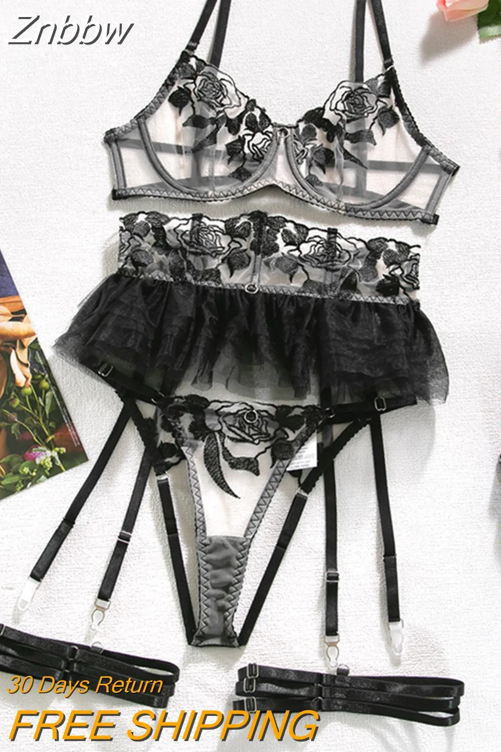 Znbbw Fancy Lingerie Floral Lace Bra Ruffle Garter Luxury Erotic Outfit Sexy Crotchless Panties Sensual Underwear 4-Piece