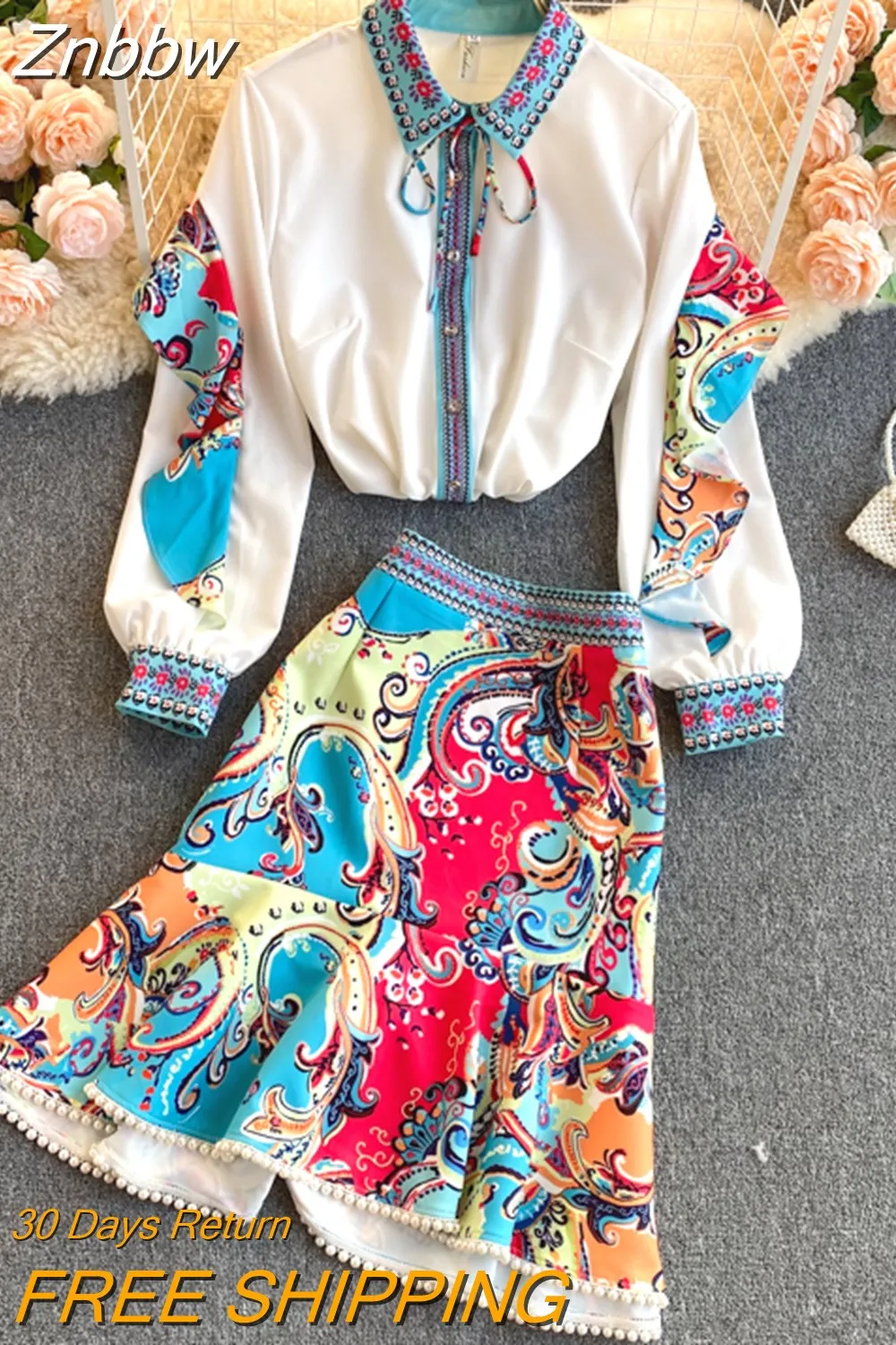 Znbbw Spring Runway Skirt Suit Women's Elegant Ruffles Lantern Sleeve Bow Blouse Tops ??Beading Pearls Mermaid Skirt 2 Pieces Sets
