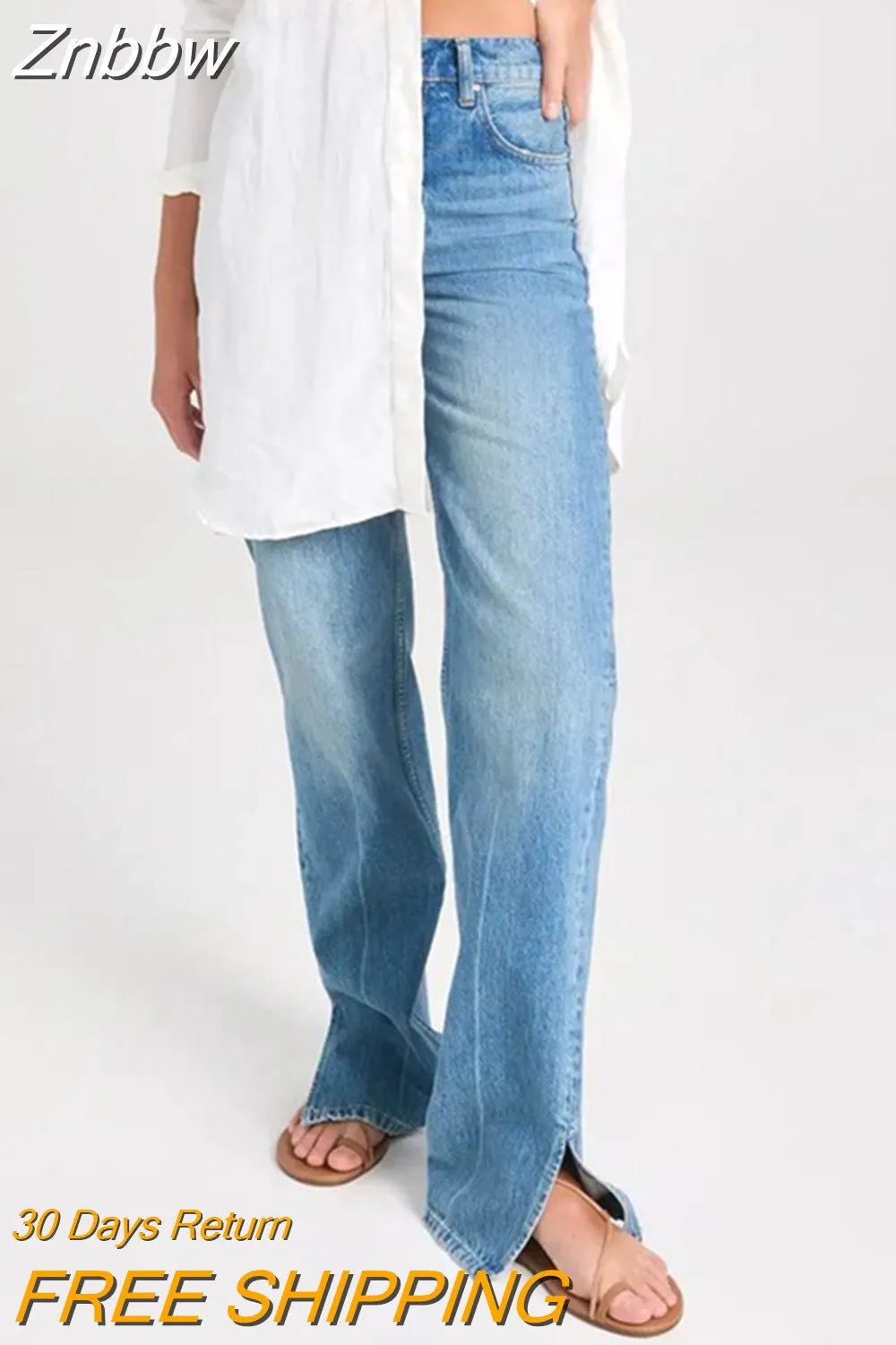 Znbbw Slits Full-length Jean Women 2023 Autumn Winter Cotton Vintage Designer Fashion Denim Pant Boyfriend Long Trousers Female