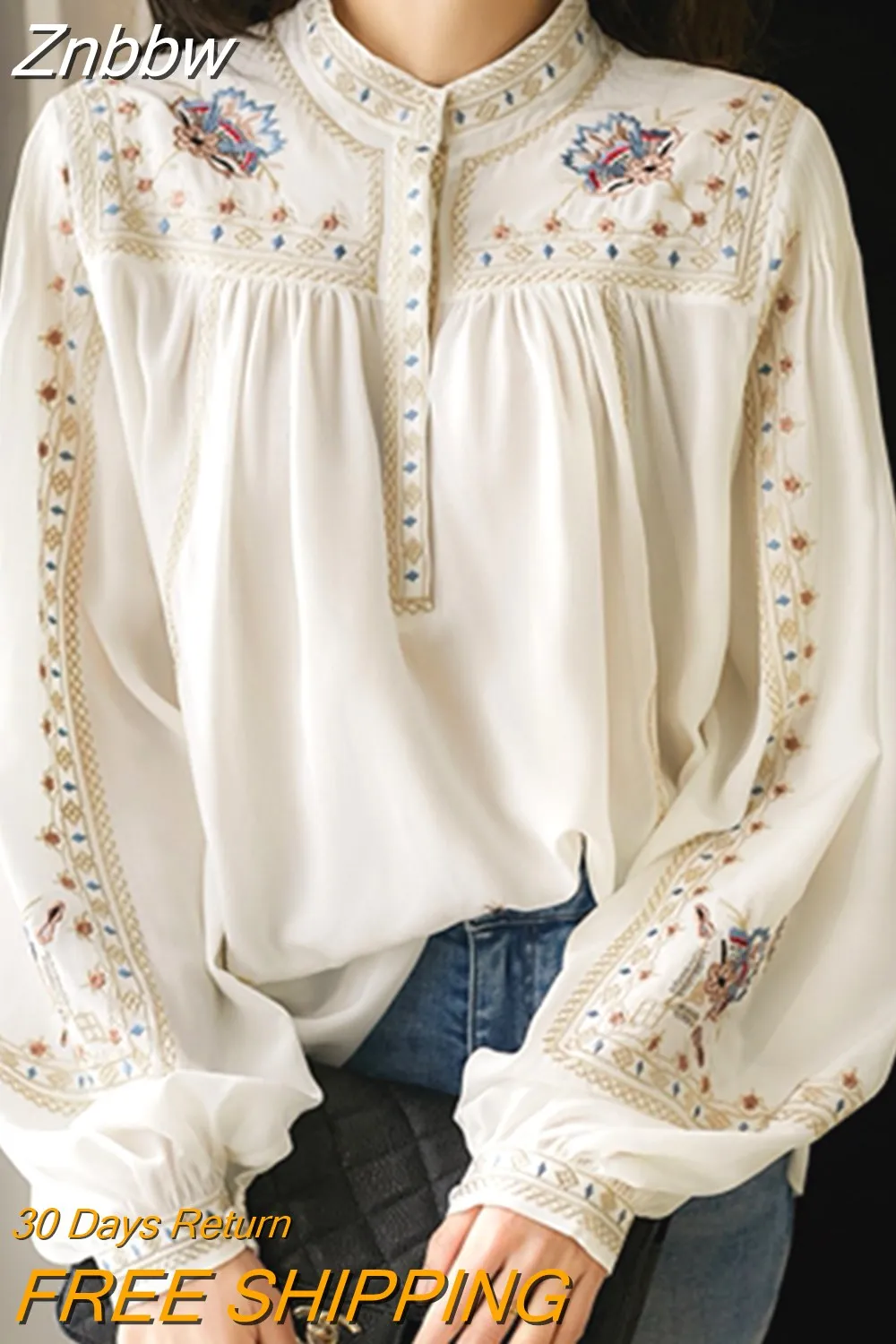 Znbbw Floral Embroidery Chiffon Shirt Woman Vintage Elegant Blouse Women Spring Gorgeous Stand Collar Shirts Women Blusas 13835