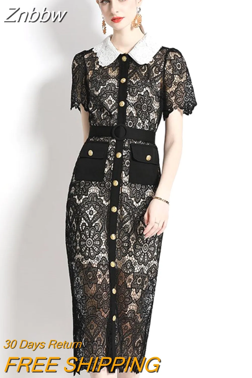 Znbbw Designer Luxury Hollow Out Midi Lace Dress Women Summer Short Sleeve Metal Buttons Belt Pockets Party Vestidos N6915