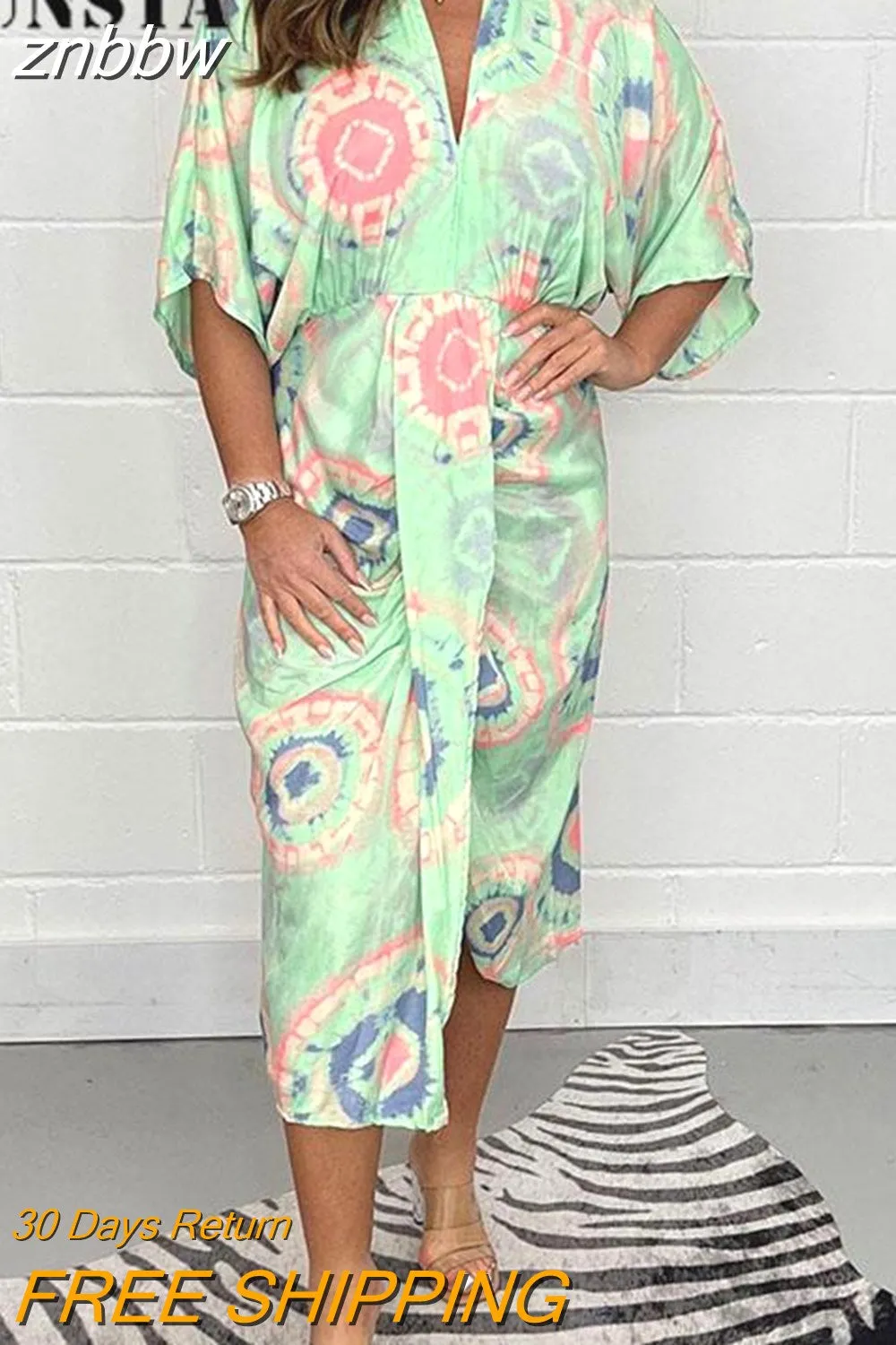 znbbw V Neck Pattern Women Dress Vestidos Summer Half Sleeve Women's Evening Party Dress Sexy Stitching Retro Boho Print Dress