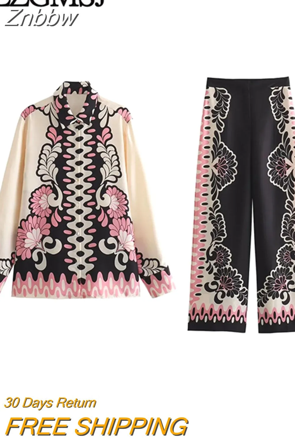 Znbbw TRAF 2023 Long Sleeve Print Shirts Women Pants Suits Single Breasted 2piece Suits 2023 Women Casual Long Pant Set