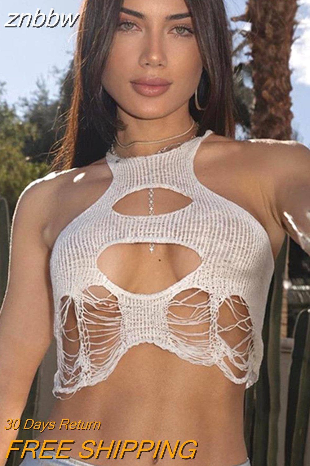 znbbw Summer Sexy Solid Halter Crop Tops Club Outfits For Women 2023 White Hollow Out Sleeveless See Through Tank Top Female