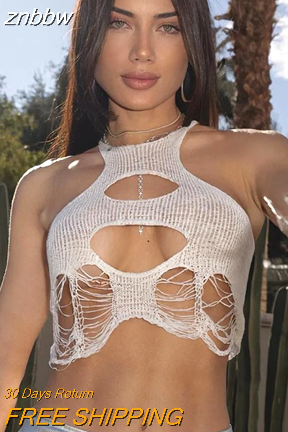 znbbw Summer Sexy Solid Halter Crop Tops Club Outfits For Women 2023 White Hollow Out Sleeveless See Through Tank Top Female 0410