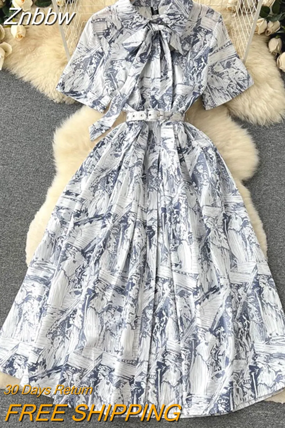 Znbbw Retro Printing Shirt Dress Women's Bow Tie Turn Down Neck Short Sleeve Single Breasted Vintage Dress with Belt N6108