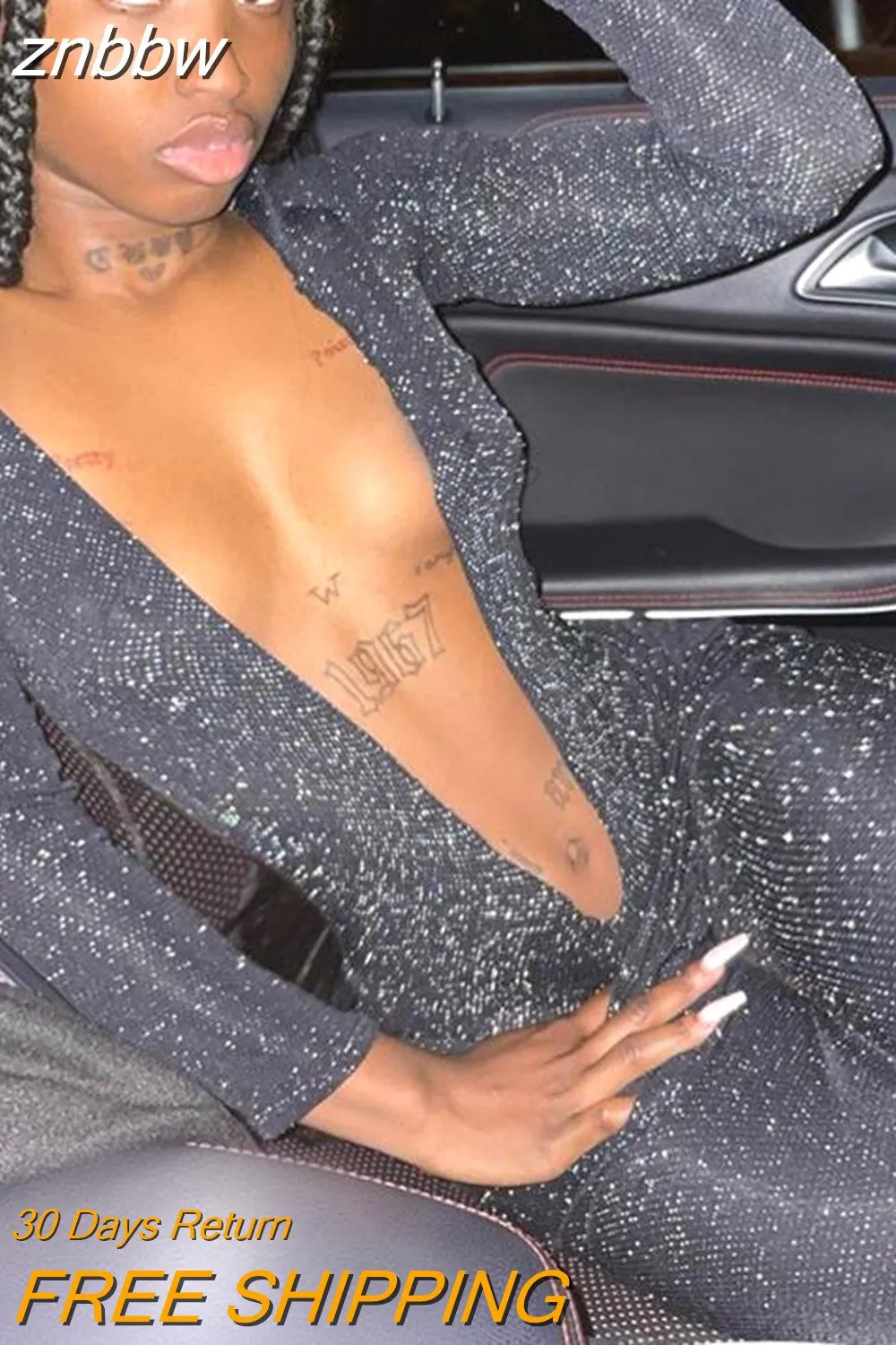 znbbw Winter Sparkling Black Bodycon Jumpsuits Women Sexy One Piece Club Outfits For Women Deep V Neck Long Sleeve Jumpsuit