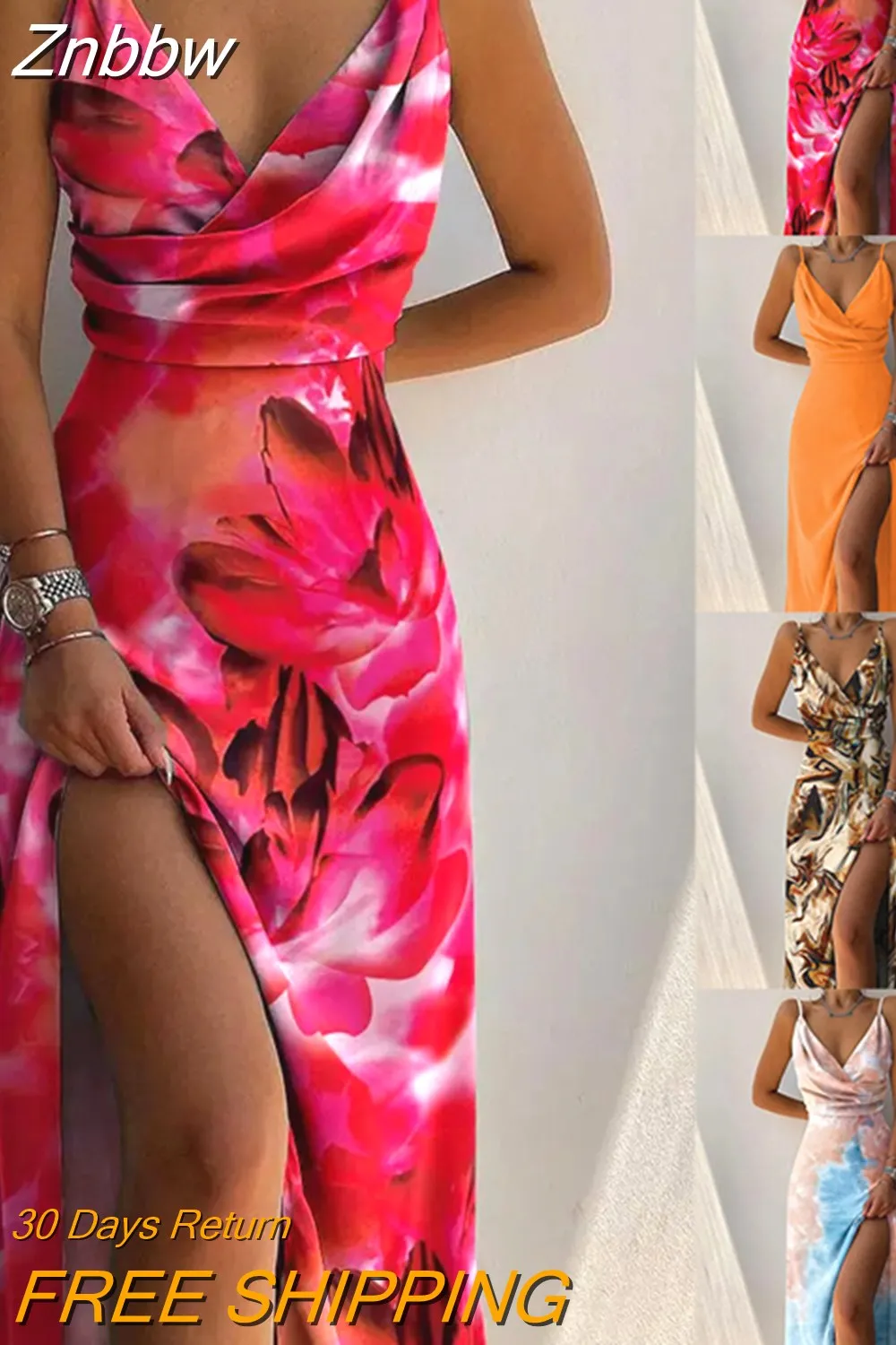 Znbbw Women Maxi Dress Sexy High Split Up Summer Colorful Print Elegant Dresses for Women 2023 V Neck Suspenders Party Robe Dress