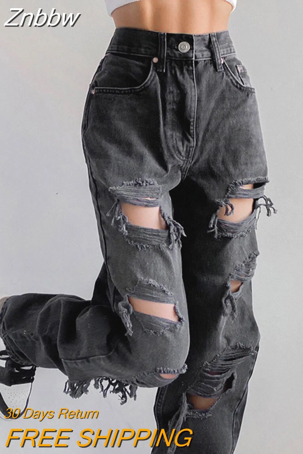 Znbbw Women Baggy Jeans Punk Style Retro Graphic Streetwear Black High Waist Denim Pants Y2K Wide Leg Casual Ripped Hole Trousers