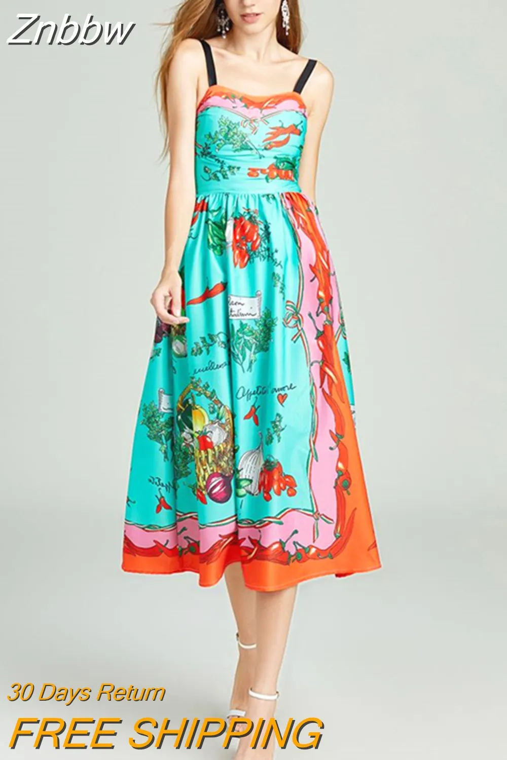 Znbbw Quality Women's Dress Vegetable Chili Print Sexy Ruched Spaghetti Strap Holiday Party Midi Length Slip Dress Summer 2023