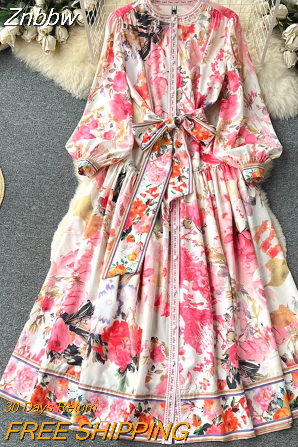 Znbbw Runway Spring Gorgeous Long Dress 2023 Women's O-Neck Long Puff Sleeve Flower Print Elegant Belt Vacation Party Dress