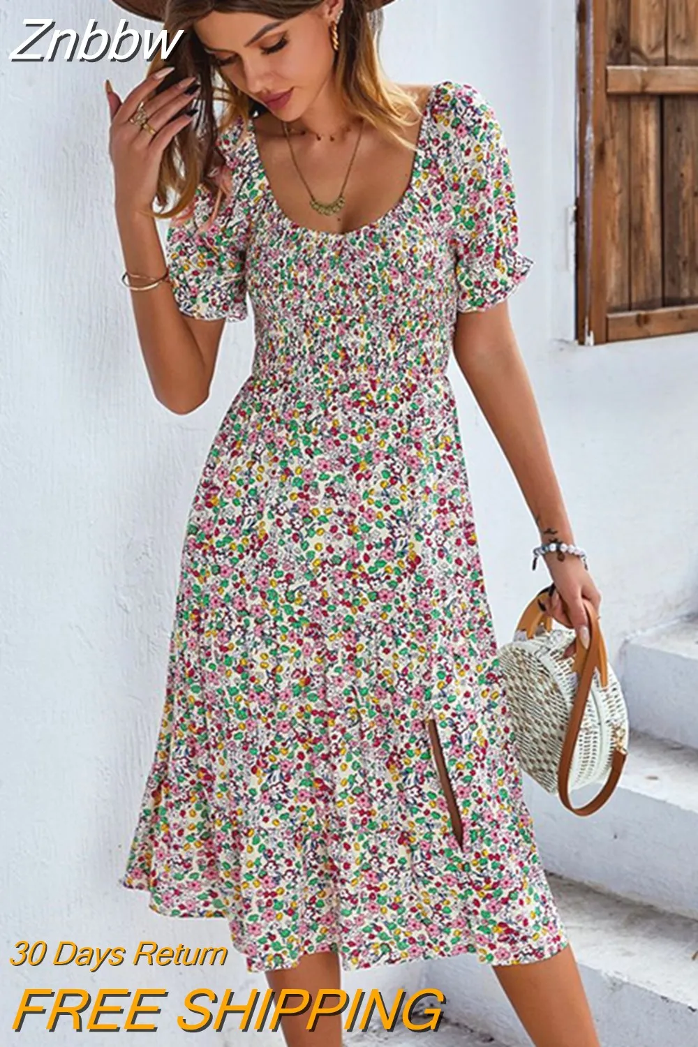 Znbbw Print Dress Women 2023 New Summer Holiday Midi Dress Casual Puff Sleeve High Waist Boho Split Dresses For Women Clothes