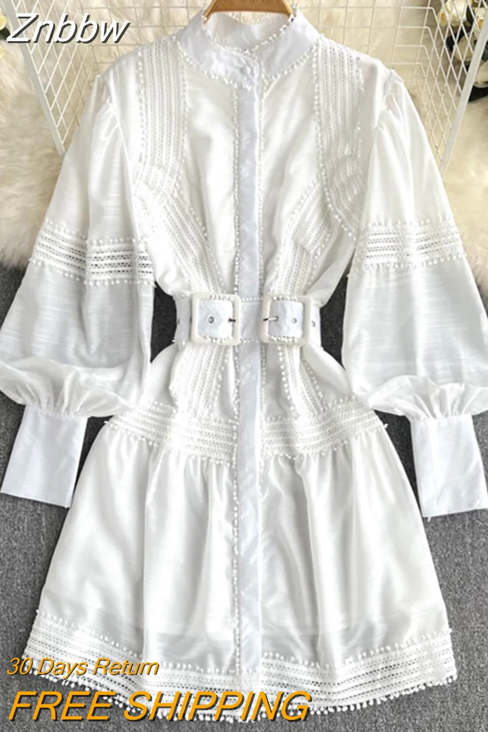 Znbbw Elegant White Lace Women Mini Dress Runway Stand Collar Luxury Embroidery Hollow Out Single Breasted Party Dress N3978