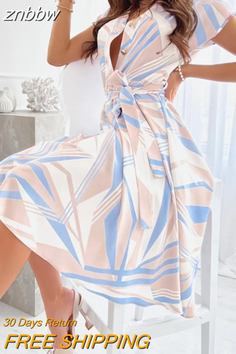 znbbw Ladies Lace-Up Short Sleeve Shirt Beach Dress Women Elegant Midi Party Dress 2023 Summer V-Neck Print Sundress Cover-Ups
