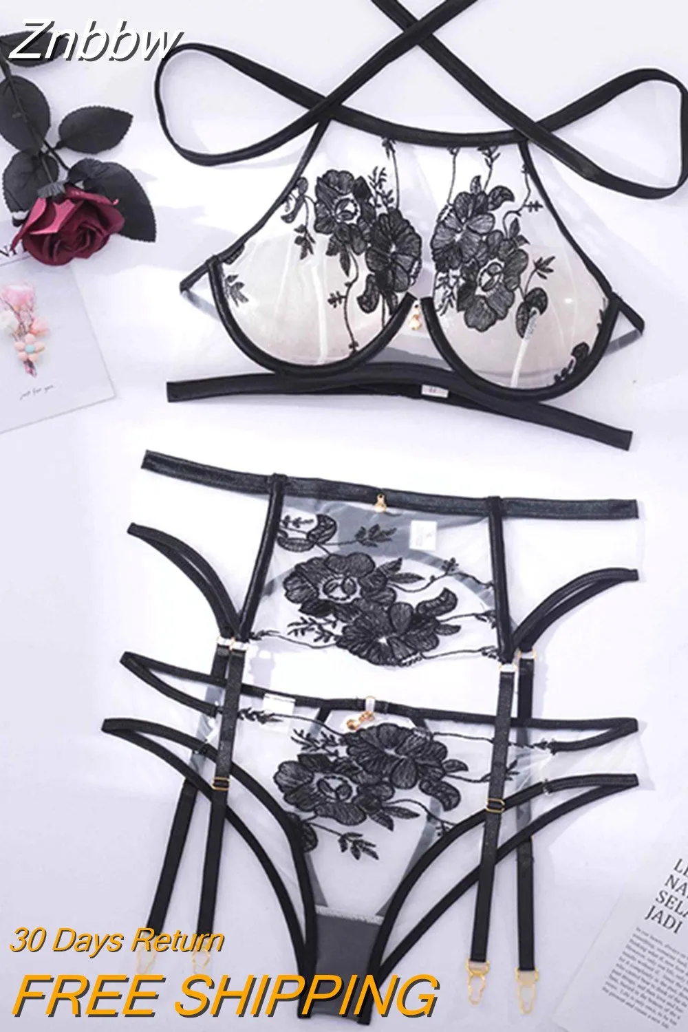 Znbbw Lingeries Lace Underwear 3-Pieces Sensual Erotic Sets Embroidery Transparent Halter Bra Cut Out Panties Intimate Set