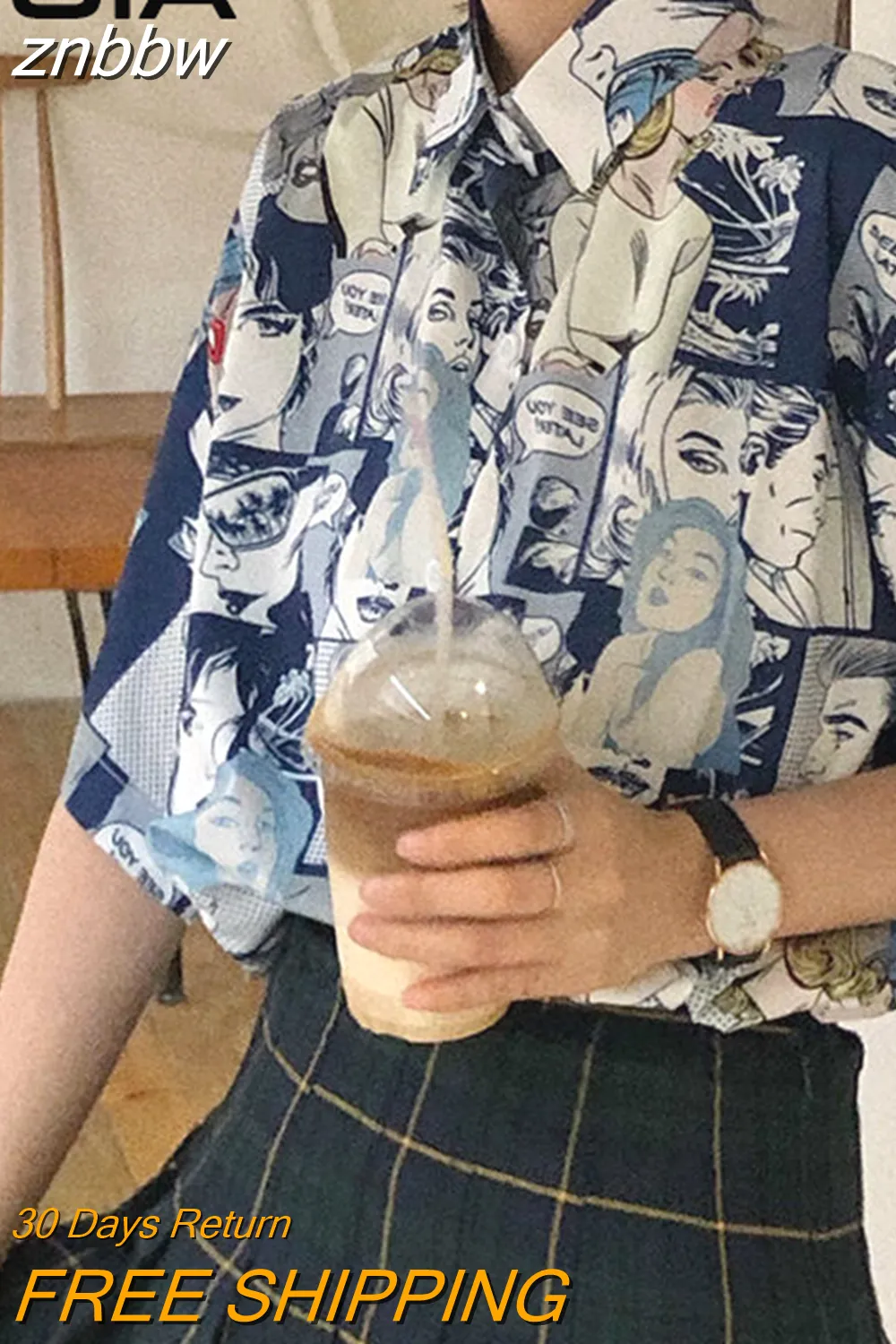 znbbw Japanese style Cartoon print Women Shirt Vintage Short Sleeve Button Up Y2K Womens Blouse 2023 Summer Loose Female Shirts